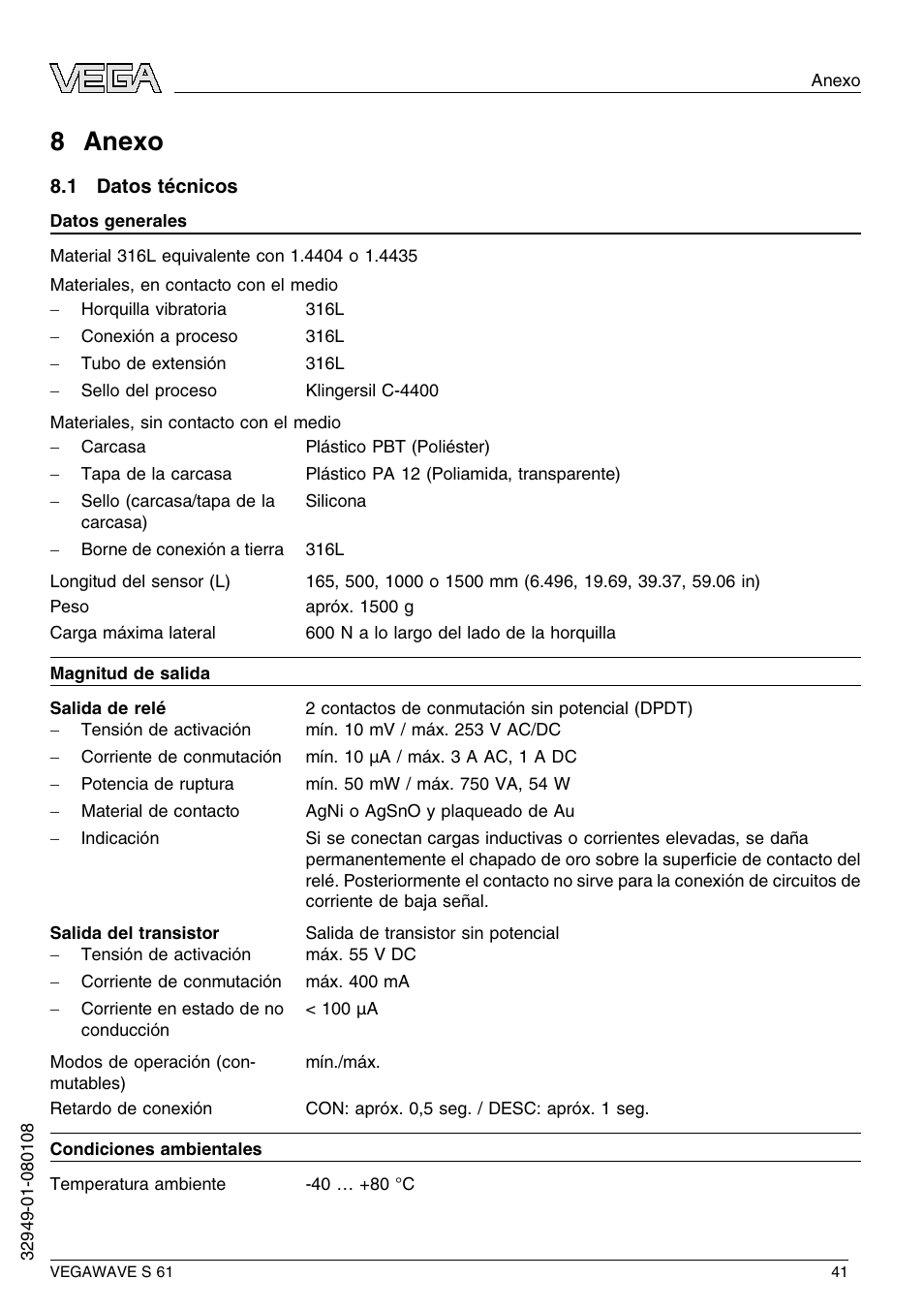 8 anexo, 1 datos técnicos, 8 a nexo | VEGA VEGAWAVE S 61 User Manual | Page 41 / 48