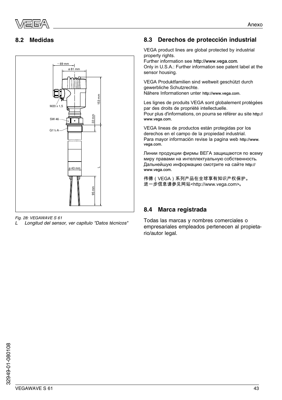 2 medidas, 3 derechos de protección industrial, 4 marca registrada | VEGA VEGAWAVE S 61 User Manual | Page 43 / 48