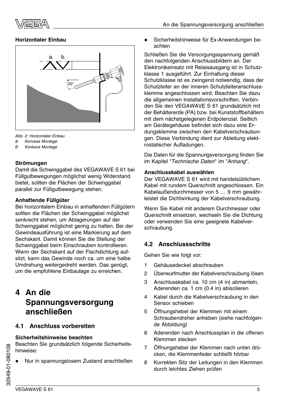 4 an die spannungsversorgung anschließen, 1 anschluss vorbereiten, 2 anschlussschritte | 4 a n die spannungsversorgung anschließen | VEGA VEGAWAVE S 61 User Manual | Page 5 / 48