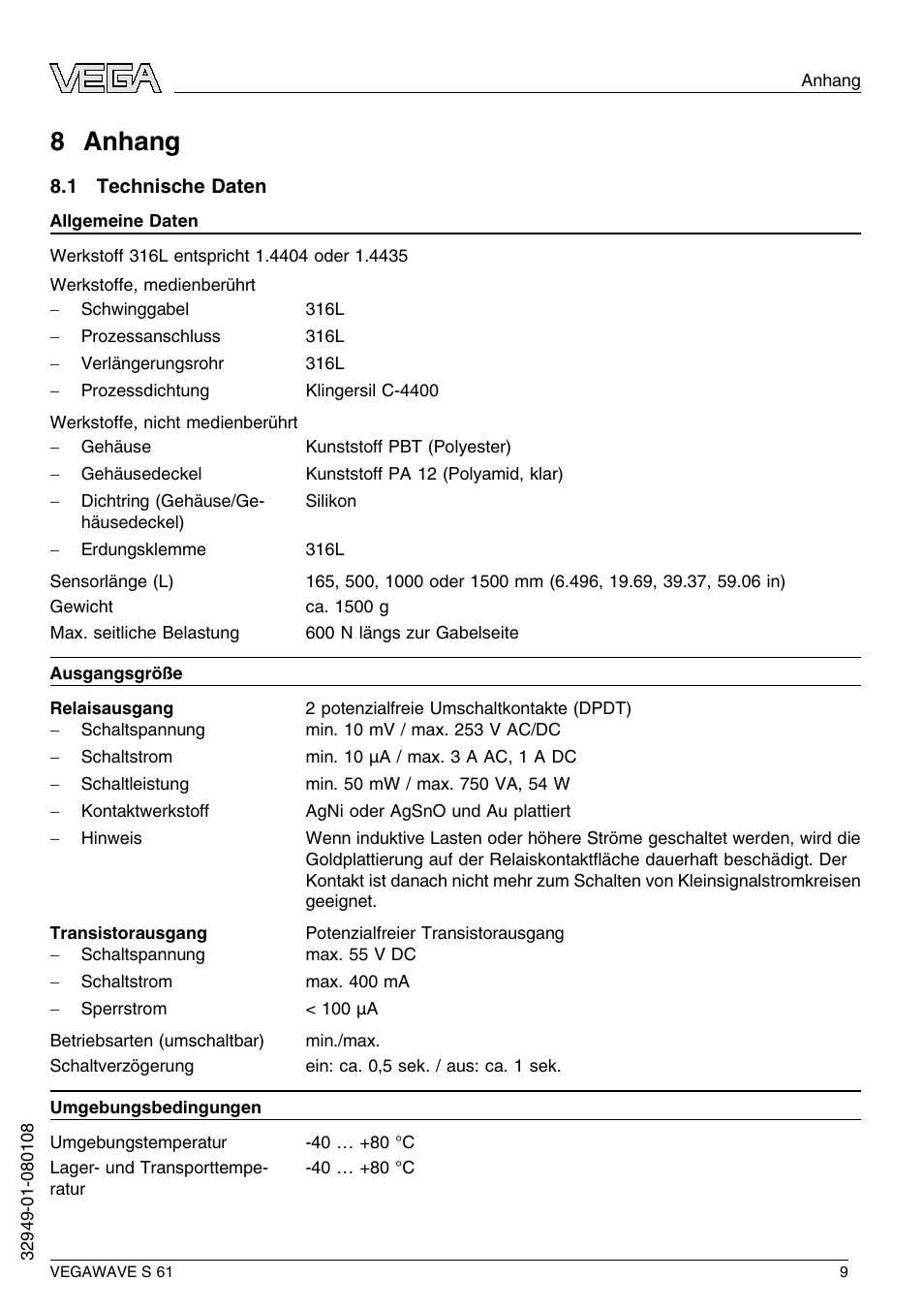 8 anhang, 1 technische daten, 8 a nhang | VEGA VEGAWAVE S 61 User Manual | Page 9 / 48