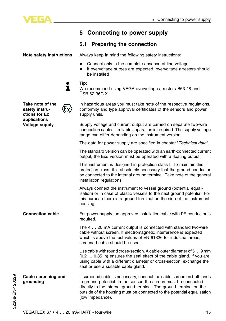 5 connecting to power supply, 1 preparing the connection, 5connecting to power supply | VEGA VEGAFLEX 67 (-20…+250°C) 4 … 20 mA_HART four-wire User Manual | Page 15 / 56