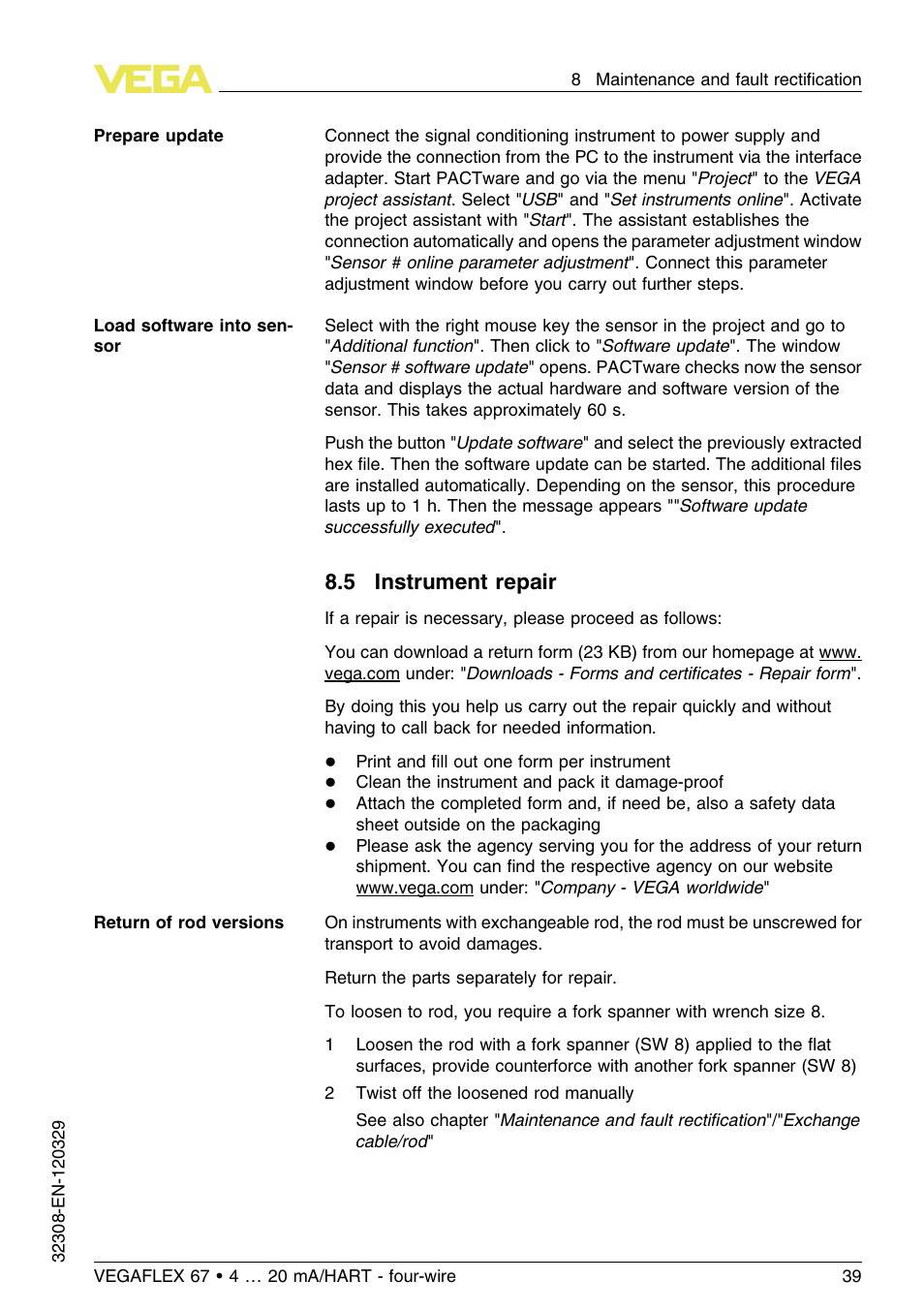 5 instrument repair | VEGA VEGAFLEX 67 (-20…+250°C) 4 … 20 mA_HART four-wire User Manual | Page 39 / 56