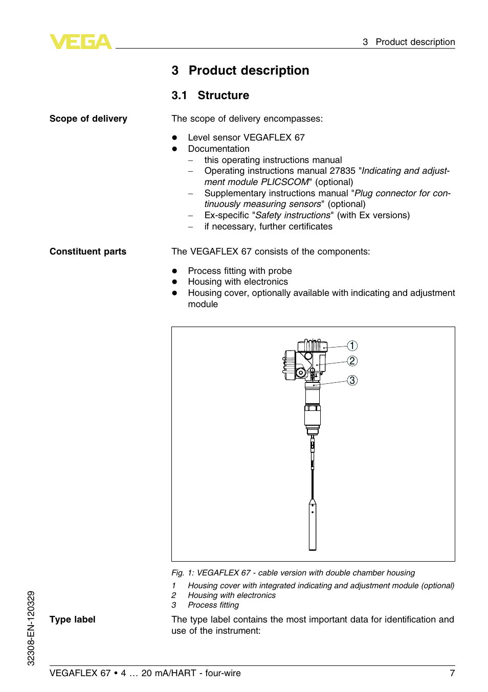 3 product description, 1 structure, 3product description | VEGA VEGAFLEX 67 (-20…+250°C) 4 … 20 mA_HART four-wire User Manual | Page 7 / 56