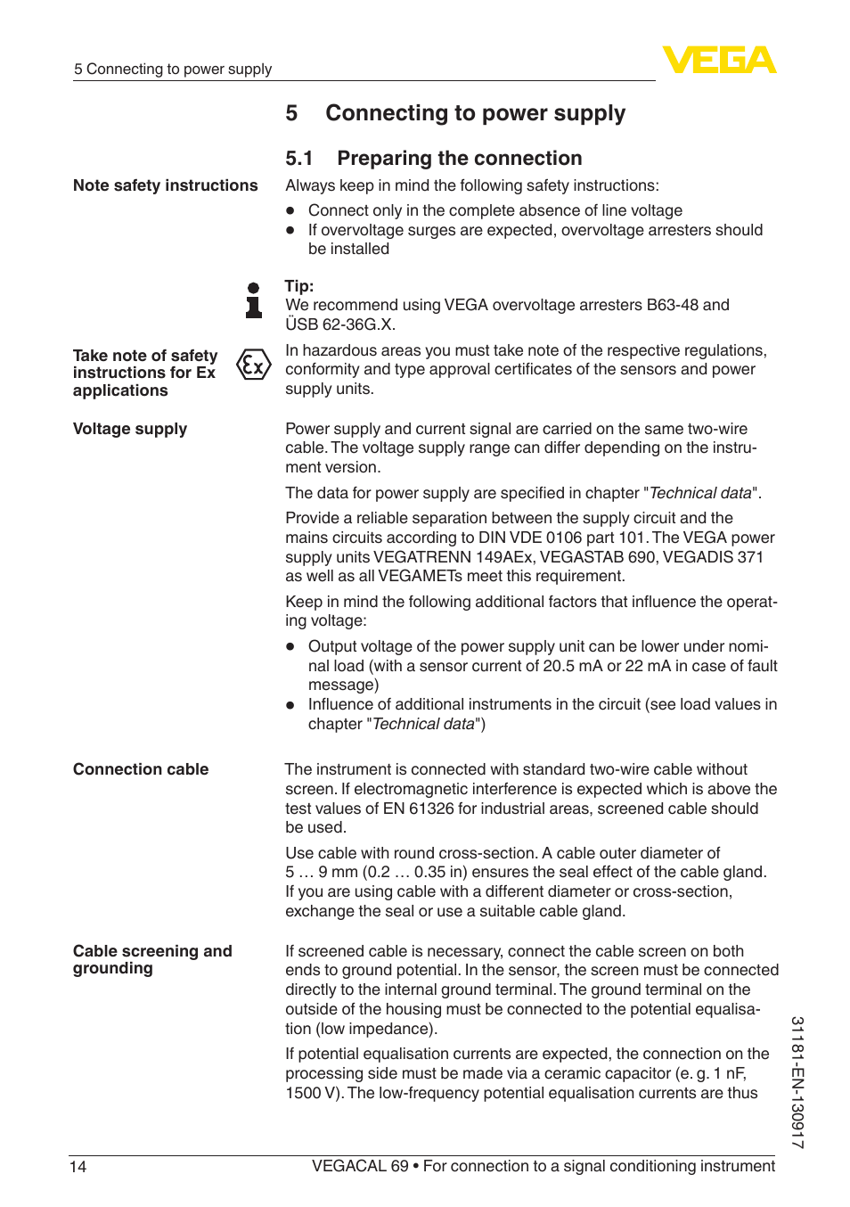 5 connecting to power supply, 1 preparing the connection | VEGA VEGACAL 69 For connection to a signal conditioning instrument User Manual | Page 14 / 32