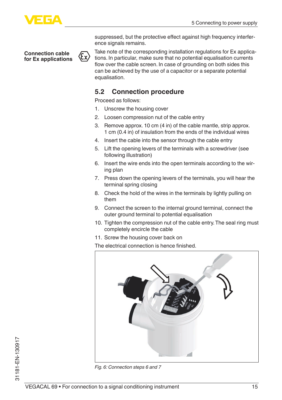 2 connection procedure | VEGA VEGACAL 69 For connection to a signal conditioning instrument User Manual | Page 15 / 32
