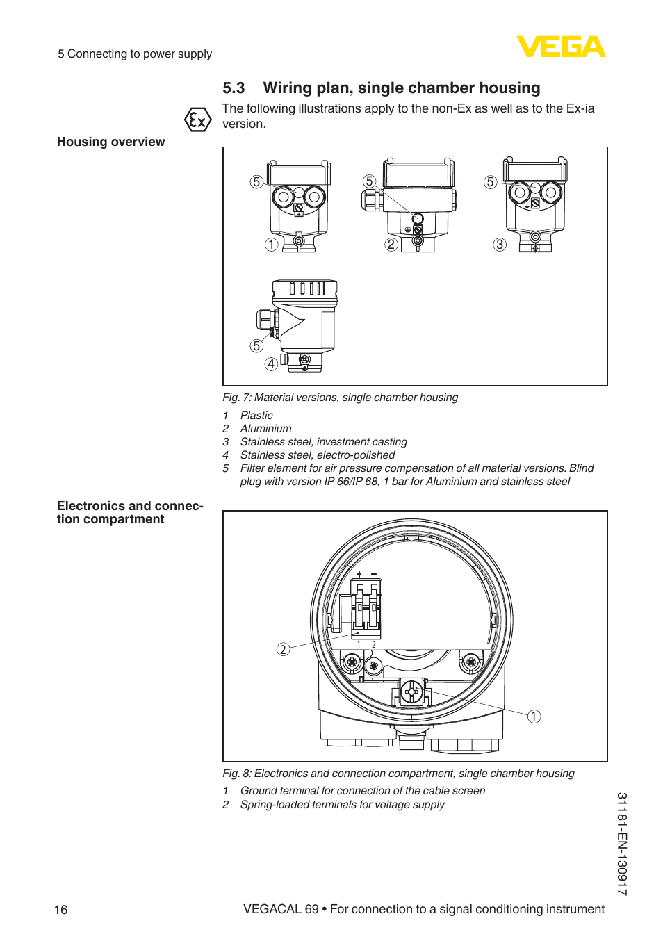 3 wiring plan, single chamber housing | VEGA VEGACAL 69 For connection to a signal conditioning instrument User Manual | Page 16 / 32