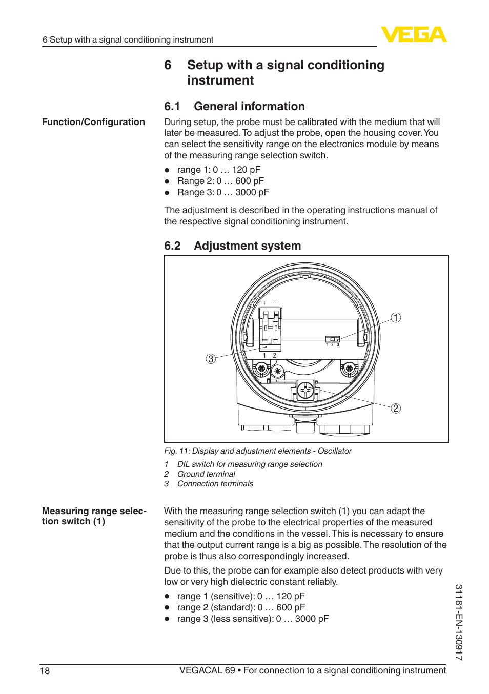 6 setup with a signal conditioning instrument, 1 general information, 2 adjustment system | VEGA VEGACAL 69 For connection to a signal conditioning instrument User Manual | Page 18 / 32