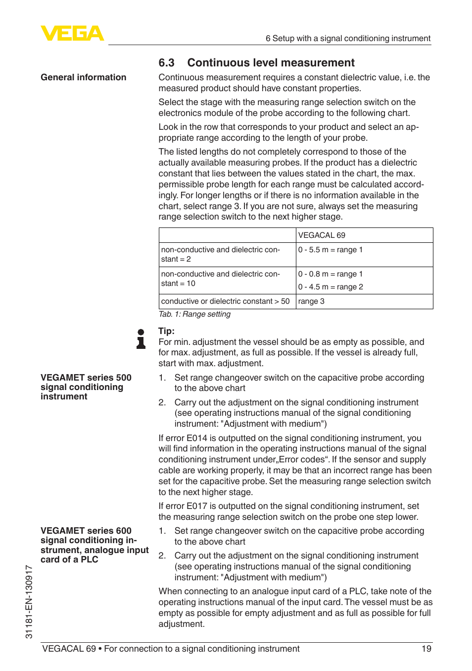 3 continuous level measurement | VEGA VEGACAL 69 For connection to a signal conditioning instrument User Manual | Page 19 / 32