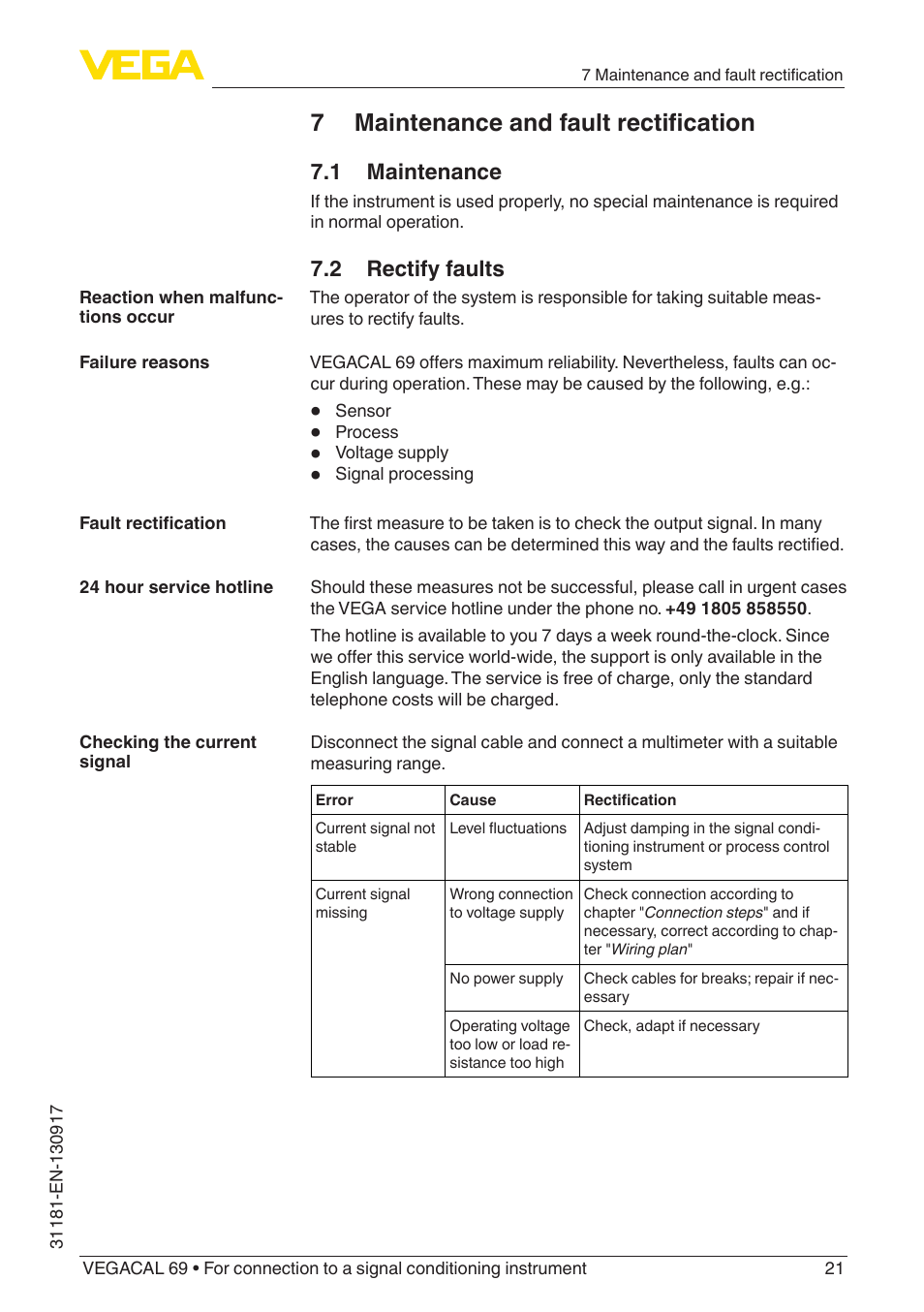 7 maintenance and fault rectification, 1 maintenance, 2 rectify faults | VEGA VEGACAL 69 For connection to a signal conditioning instrument User Manual | Page 21 / 32