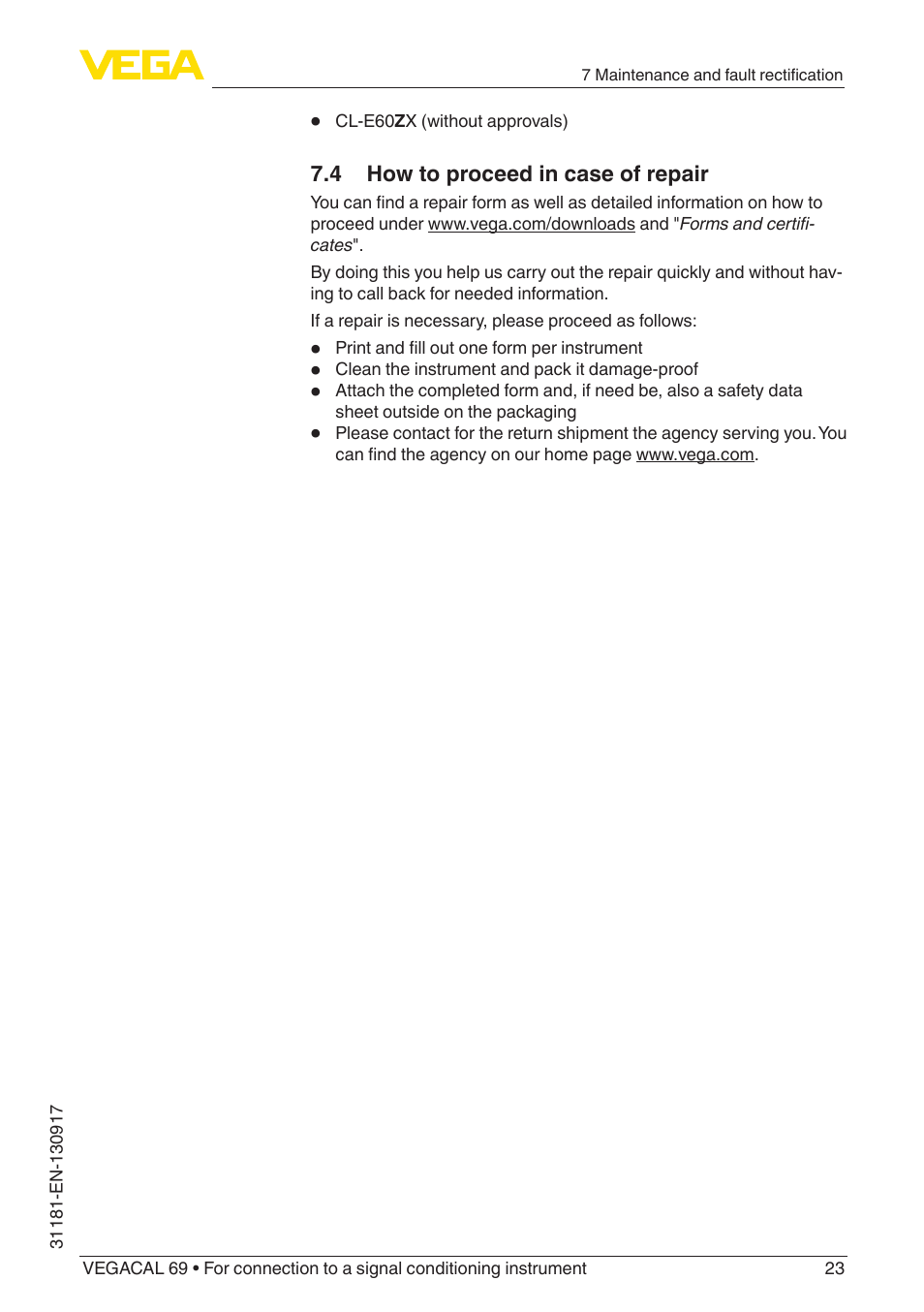4 how to proceed in case of repair | VEGA VEGACAL 69 For connection to a signal conditioning instrument User Manual | Page 23 / 32