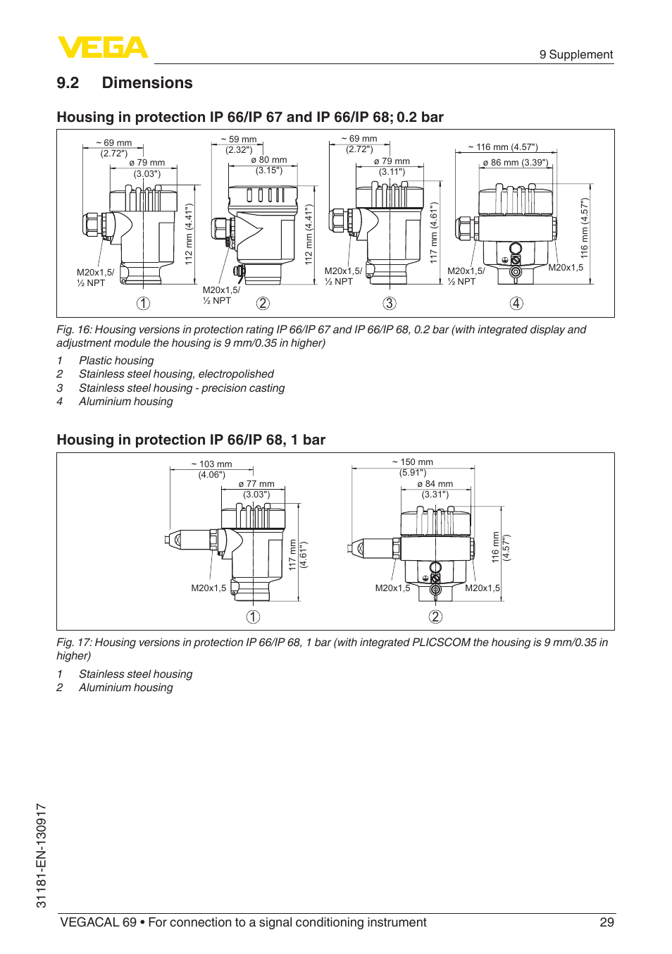 2 dimensions | VEGA VEGACAL 69 For connection to a signal conditioning instrument User Manual | Page 29 / 32