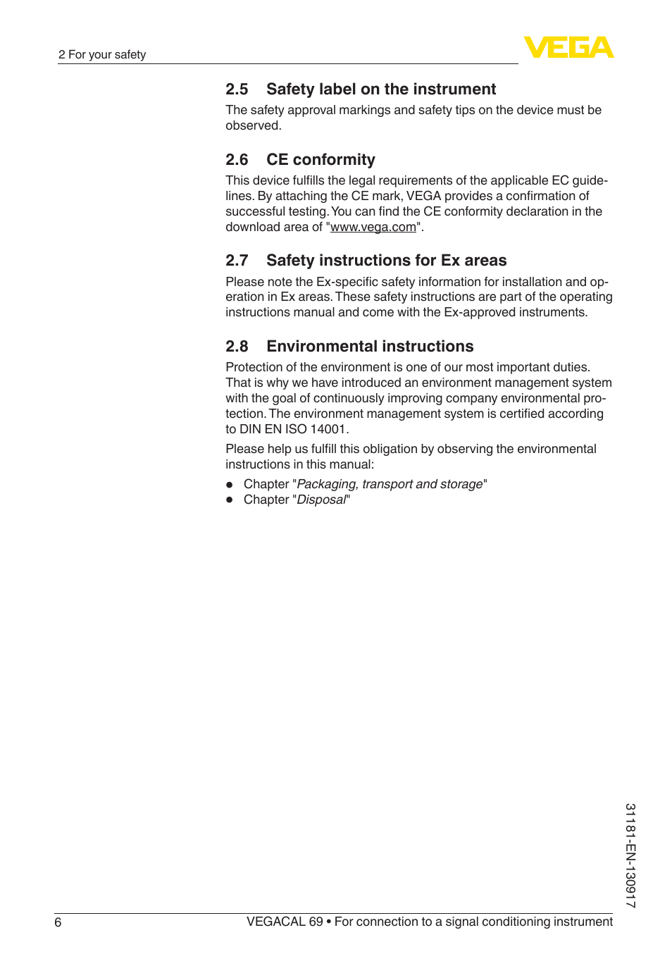 5 safety label on the instrument, 6 ce conformity, 7 safety instructions for ex areas | 8 environmental instructions | VEGA VEGACAL 69 For connection to a signal conditioning instrument User Manual | Page 6 / 32