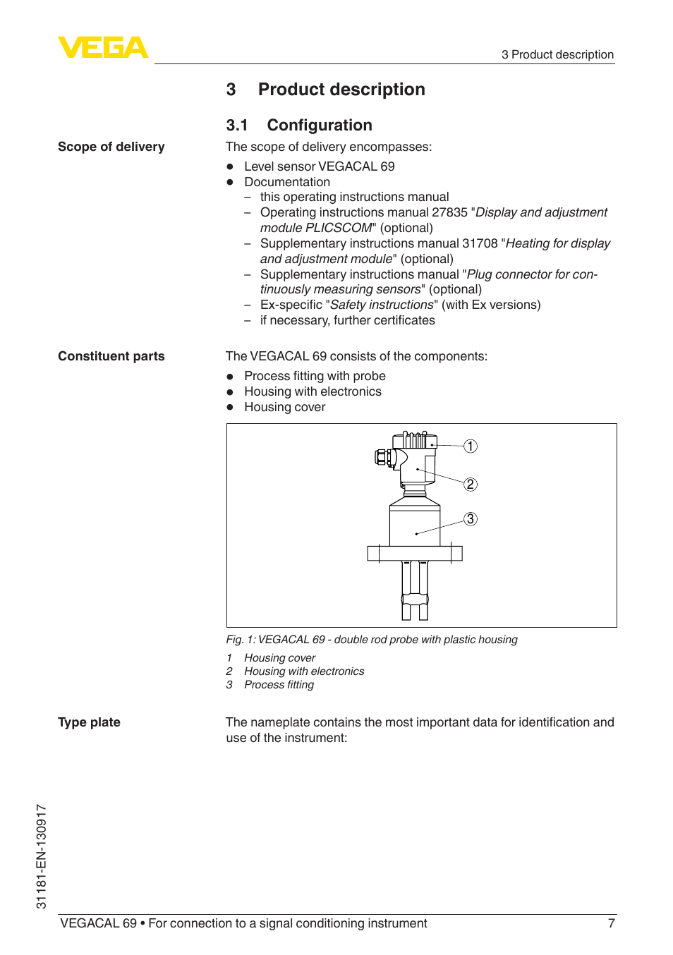 3 product description, 1 configuration | VEGA VEGACAL 69 For connection to a signal conditioning instrument User Manual | Page 7 / 32