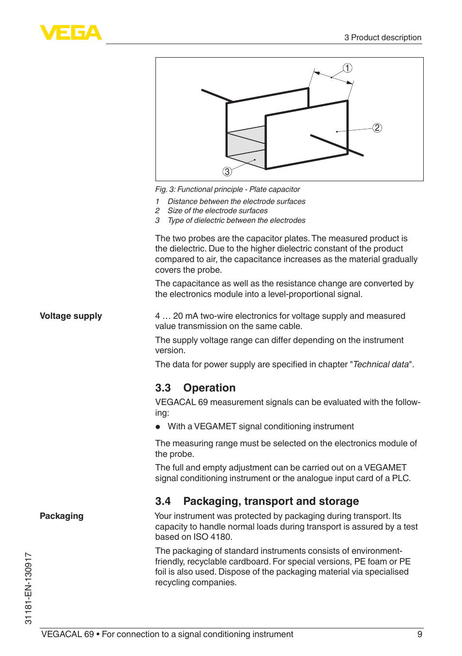 3 operation, 4 packaging, transport and storage | VEGA VEGACAL 69 For connection to a signal conditioning instrument User Manual | Page 9 / 32