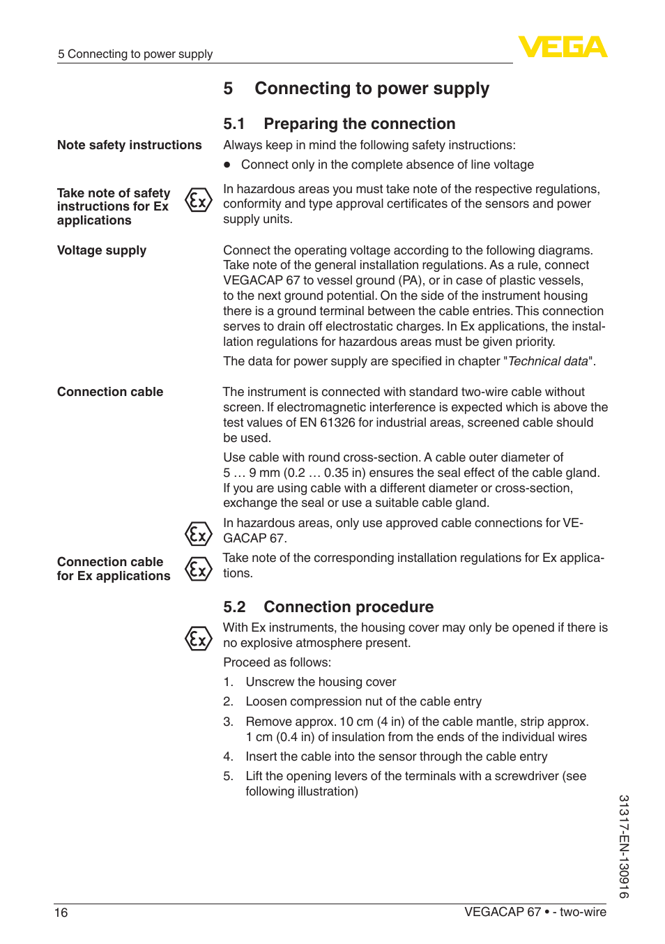 5 connecting to power supply, 1 preparing the connection, 2 connection procedure | VEGA VEGACAP 67 - two-wire User Manual | Page 16 / 36