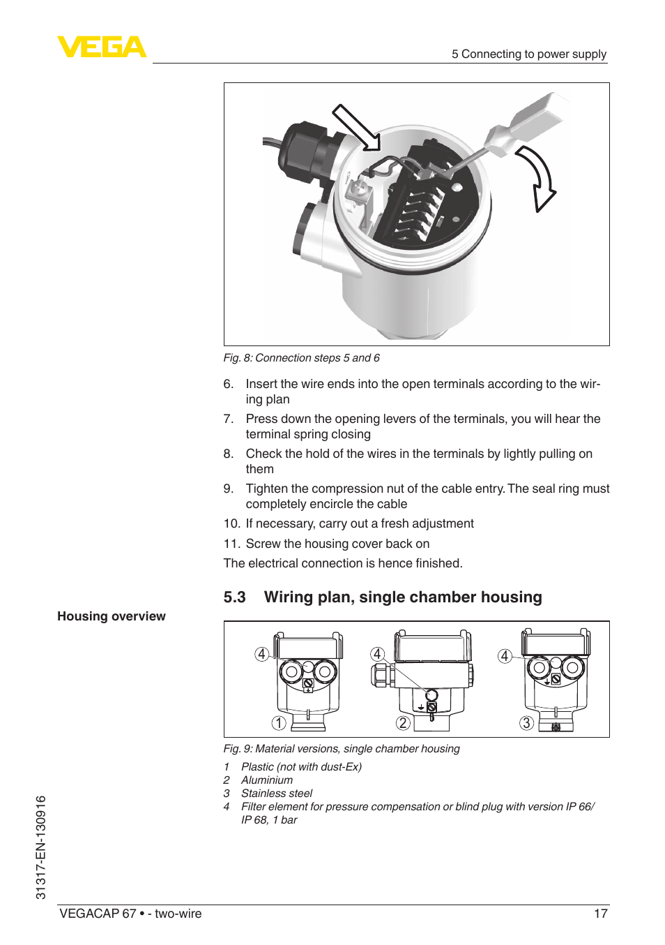 3 wiring plan, single chamber housing | VEGA VEGACAP 67 - two-wire User Manual | Page 17 / 36