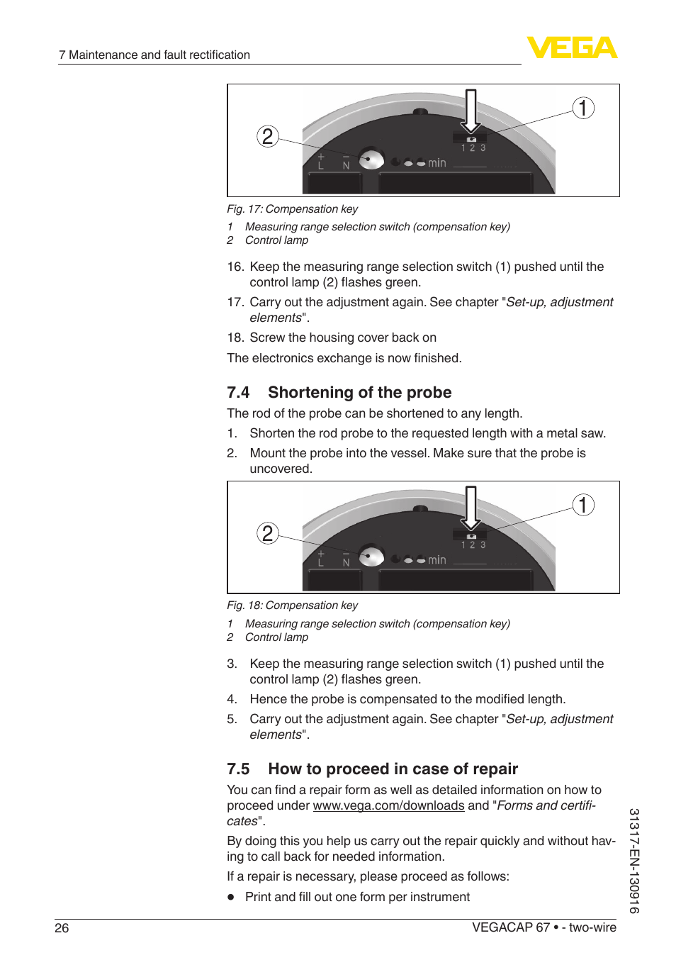 4 shortening of the probe, 5 how to proceed in case of repair | VEGA VEGACAP 67 - two-wire User Manual | Page 26 / 36