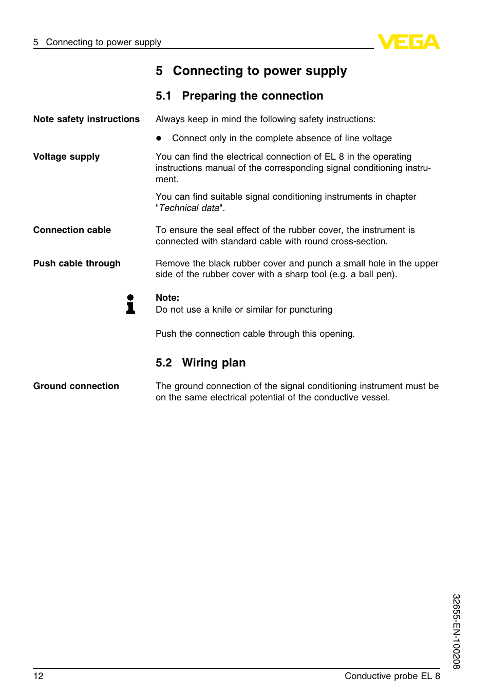 5 connecting to power supply, 1 preparing the connection, 2 wiring plan | 5connecting to power supply | VEGA EL 8 Conductive probe User Manual | Page 12 / 24