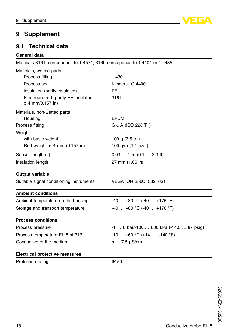 9 supplement, 1 technical data, 9supplement | VEGA EL 8 Conductive probe User Manual | Page 18 / 24