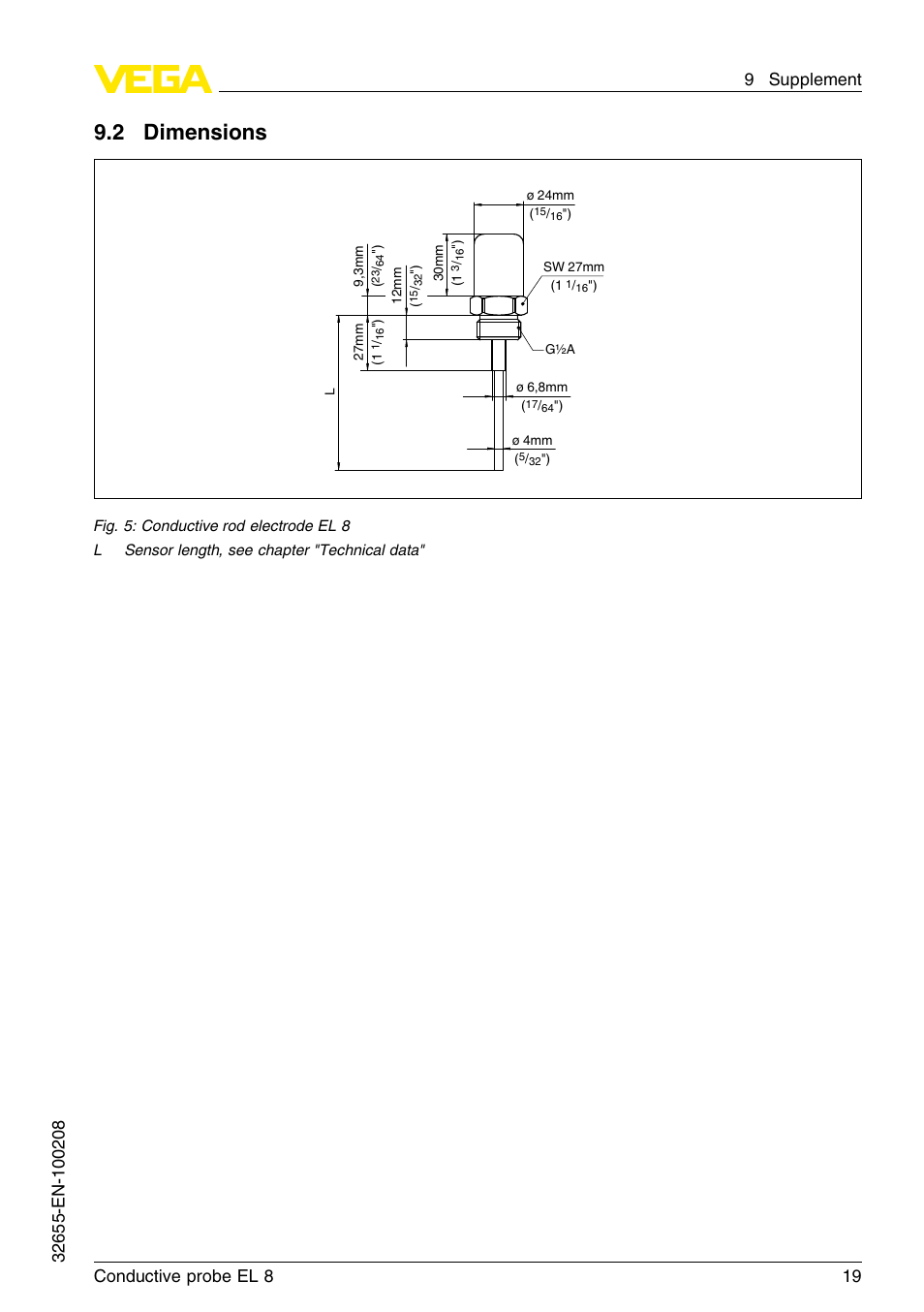 2 dimensions | VEGA EL 8 Conductive probe User Manual | Page 19 / 24