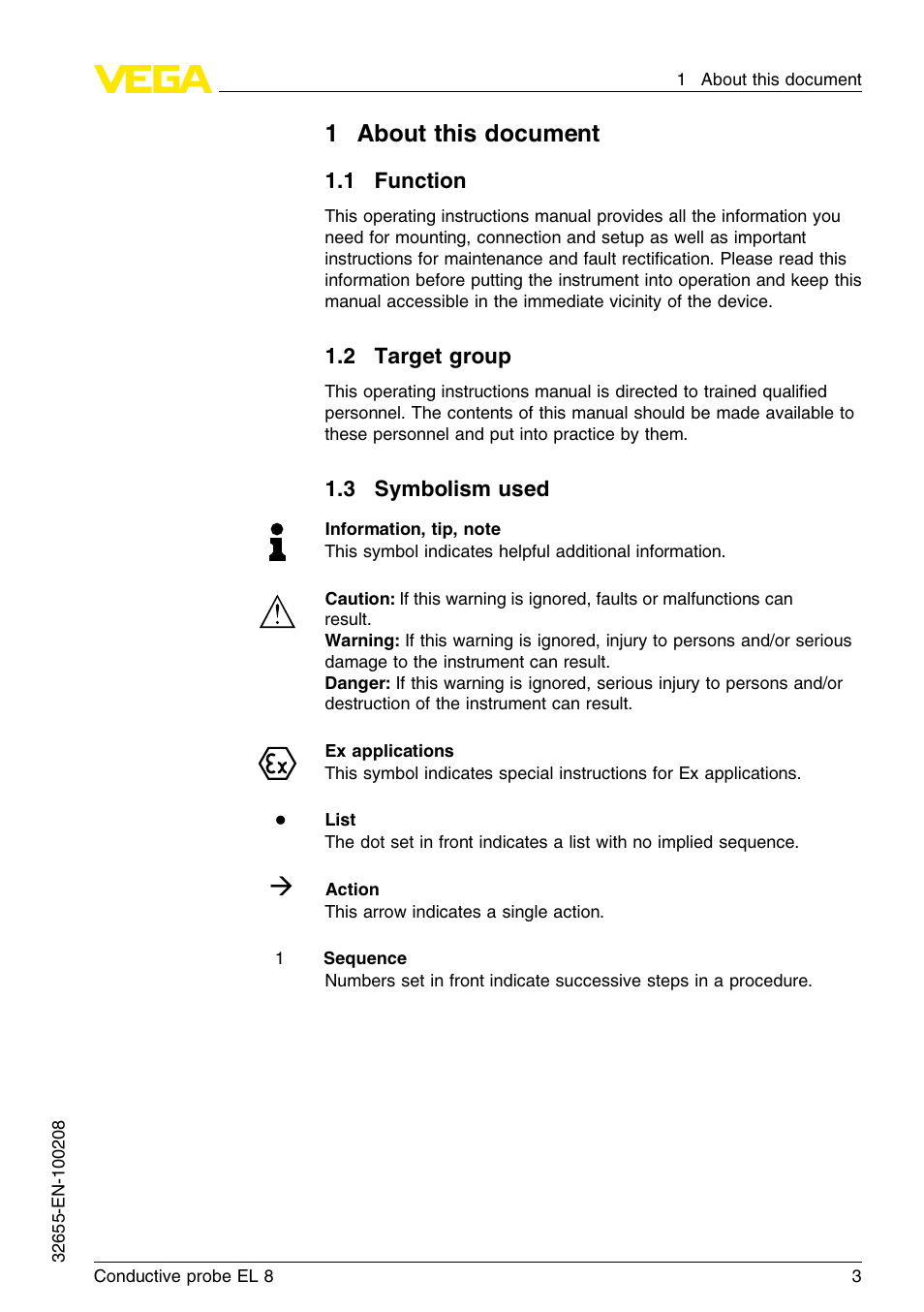 1 about this document, 1 function, 2 target group | 3 symbolism used, 1about this document | VEGA EL 8 Conductive probe User Manual | Page 3 / 24