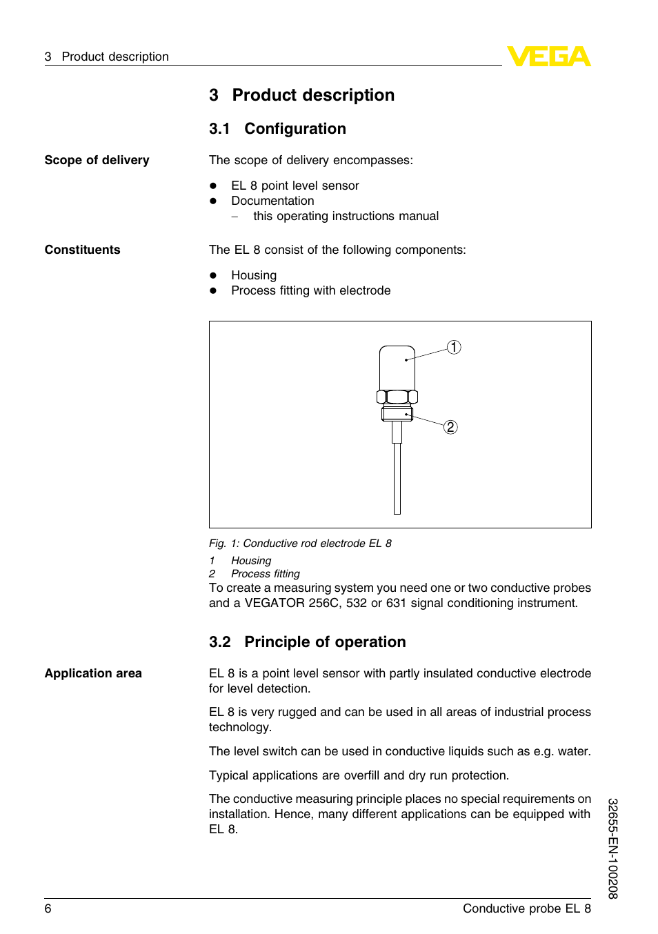 3 product description, 1 configuration, 2 principle of operation | 3product description, 1 conﬁguration | VEGA EL 8 Conductive probe User Manual | Page 6 / 24