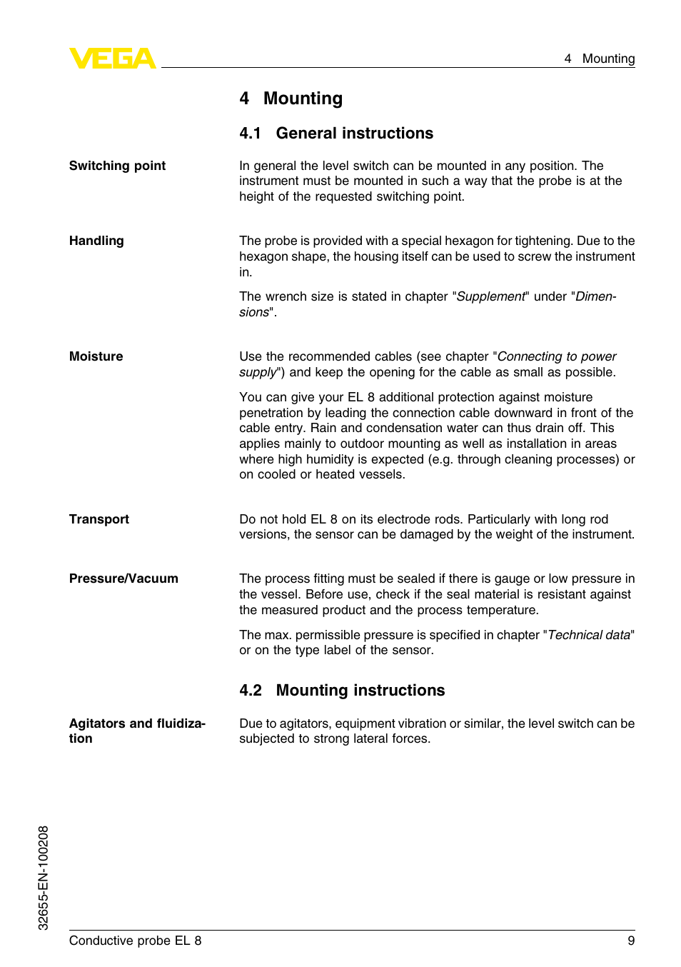 4 mounting, 1 general instructions, 2 mounting instructions | 4mounting | VEGA EL 8 Conductive probe User Manual | Page 9 / 24