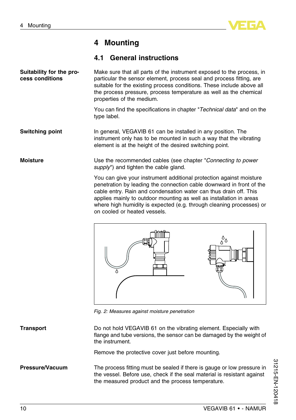 4 mounting, 1 general instructions, 4mounting | VEGA VEGAVIB 61 - NAMUR User Manual | Page 10 / 40