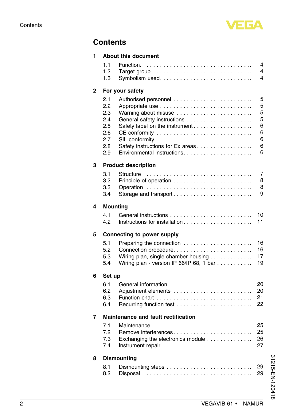 VEGA VEGAVIB 61 - NAMUR User Manual | Page 2 / 40
