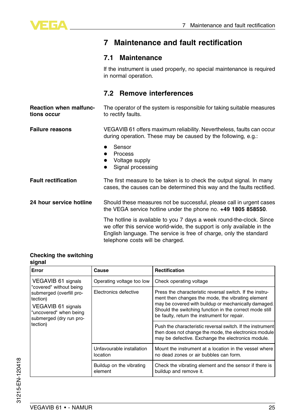 7 maintenance and fault rectification, 1 maintenance, 2 remove interferences | 7maintenance and fault rectiﬁcation | VEGA VEGAVIB 61 - NAMUR User Manual | Page 25 / 40