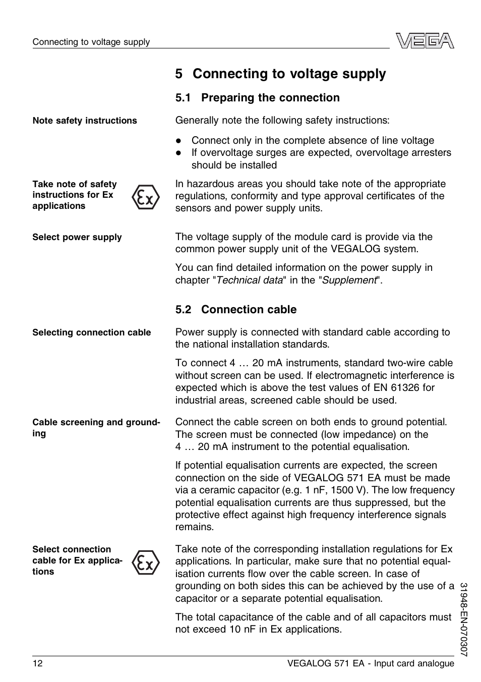 5 connecting to voltage supply, 1 preparing the connection, 2 connection cable | VEGA VEGALOG 571 EA User Manual | Page 12 / 24