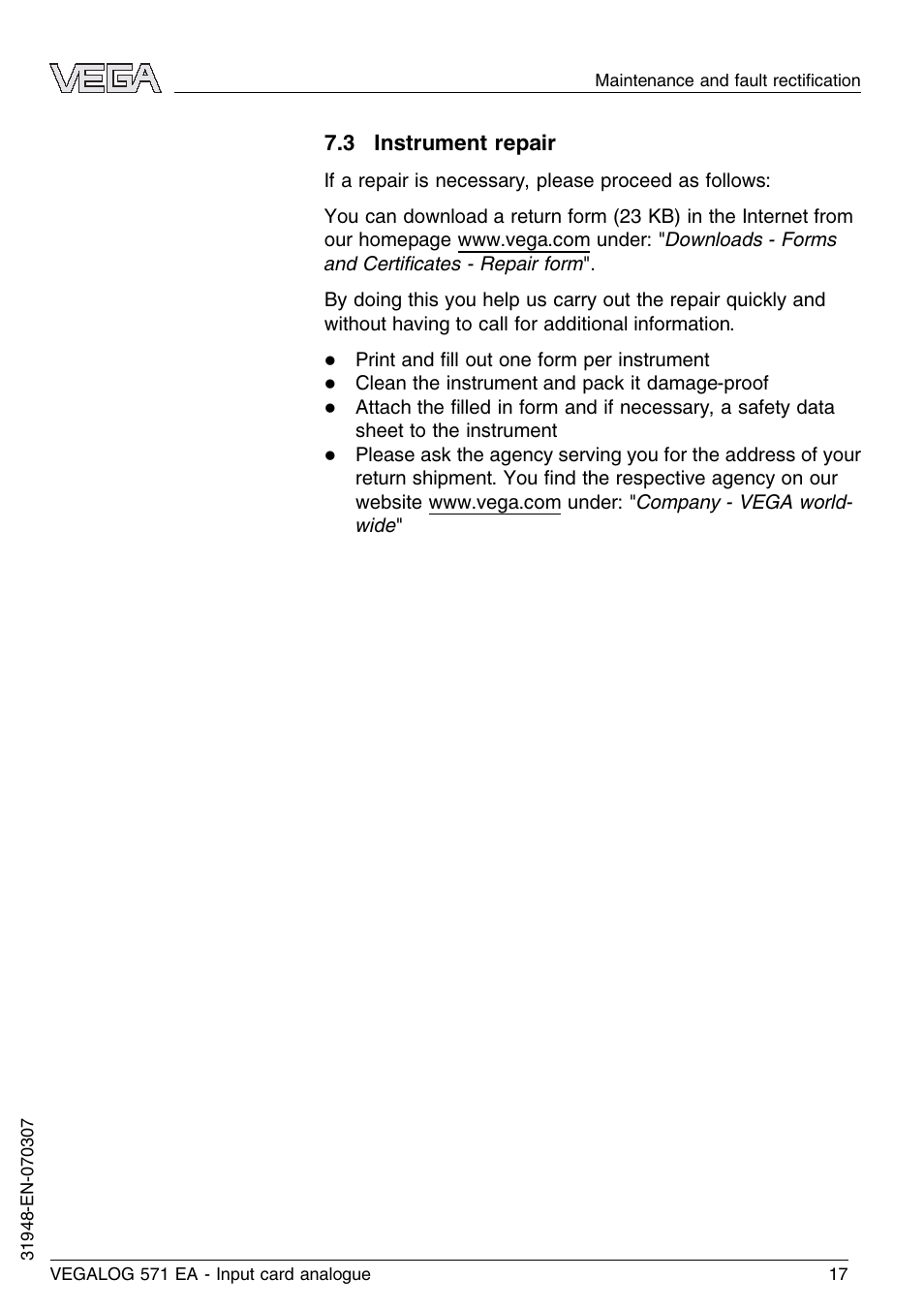 3 instrument repair | VEGA VEGALOG 571 EA User Manual | Page 17 / 24