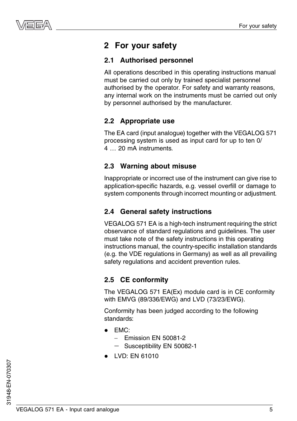 2 for your safety, 1 authorised personnel, 2 appropriate use | 3 warning about misuse, 4 general safety instructions, 5 ce conformity | VEGA VEGALOG 571 EA User Manual | Page 5 / 24