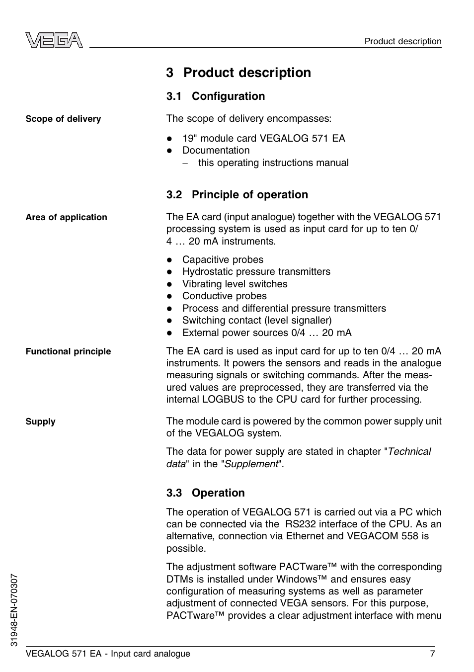 3 product description, 1 configuration, 2 principle of operation | 3 operation | VEGA VEGALOG 571 EA User Manual | Page 7 / 24