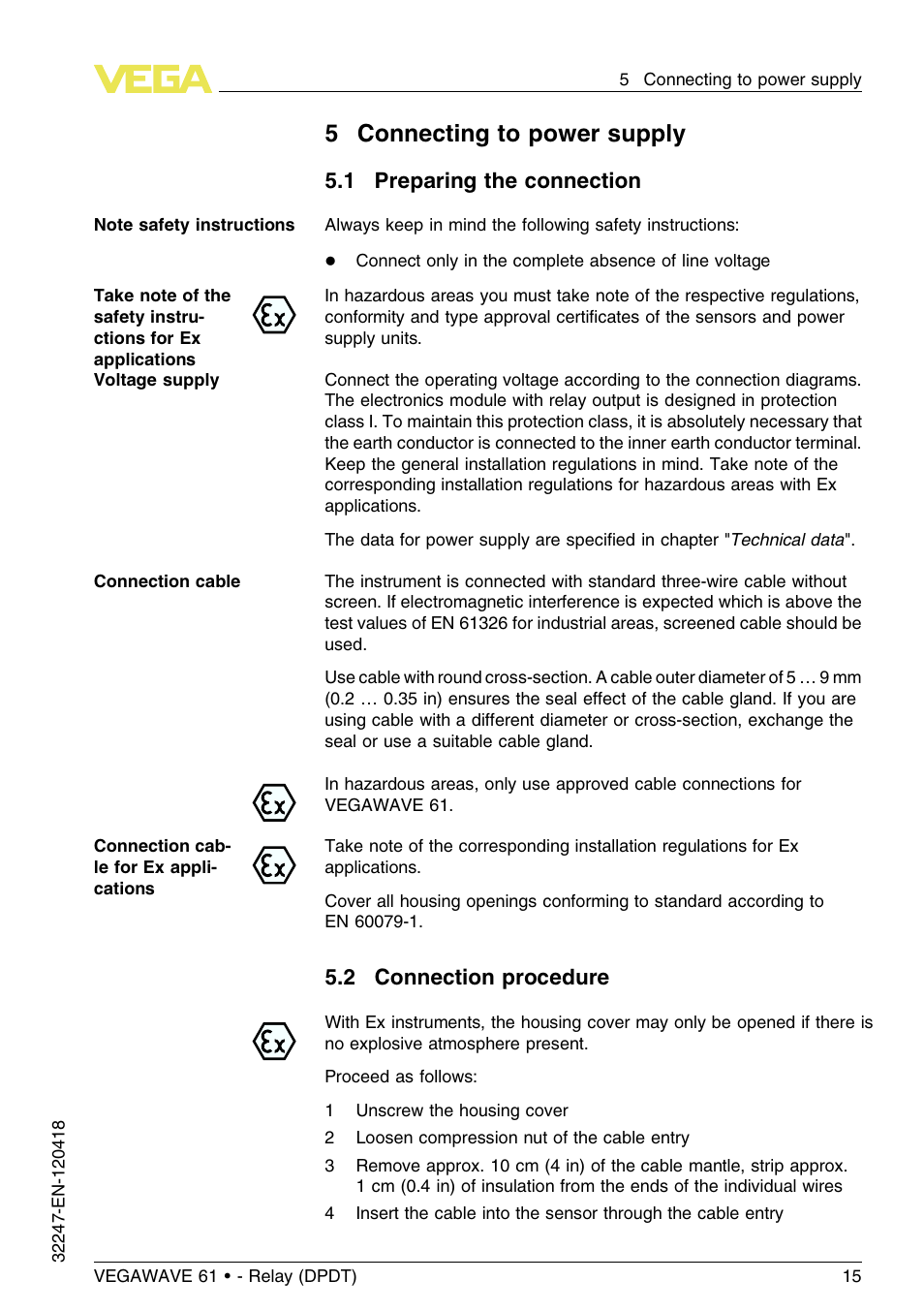 5 connecting to power supply, 1 preparing the connection, 2 connection procedure | 5connecting to power supply | VEGA VEGAWAVE 61 - Relay (DPDT) User Manual | Page 15 / 36