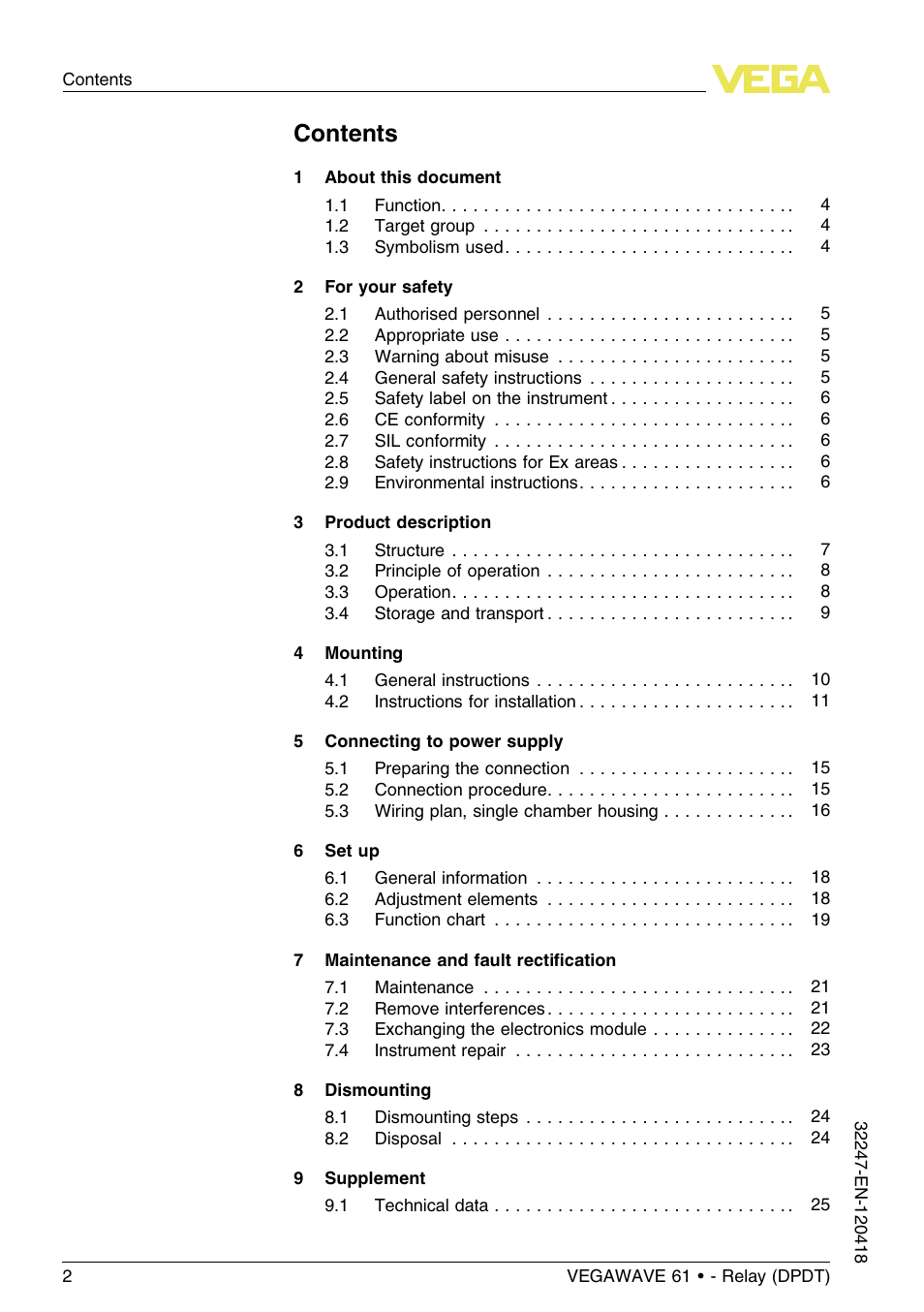 VEGA VEGAWAVE 61 - Relay (DPDT) User Manual | Page 2 / 36