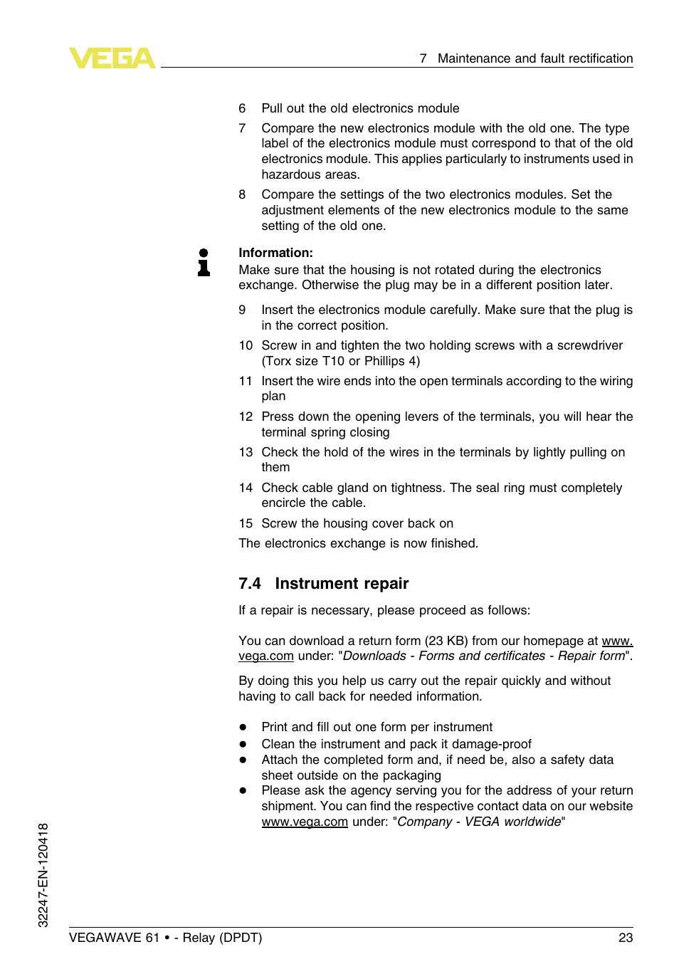 4 instrument repair | VEGA VEGAWAVE 61 - Relay (DPDT) User Manual | Page 23 / 36