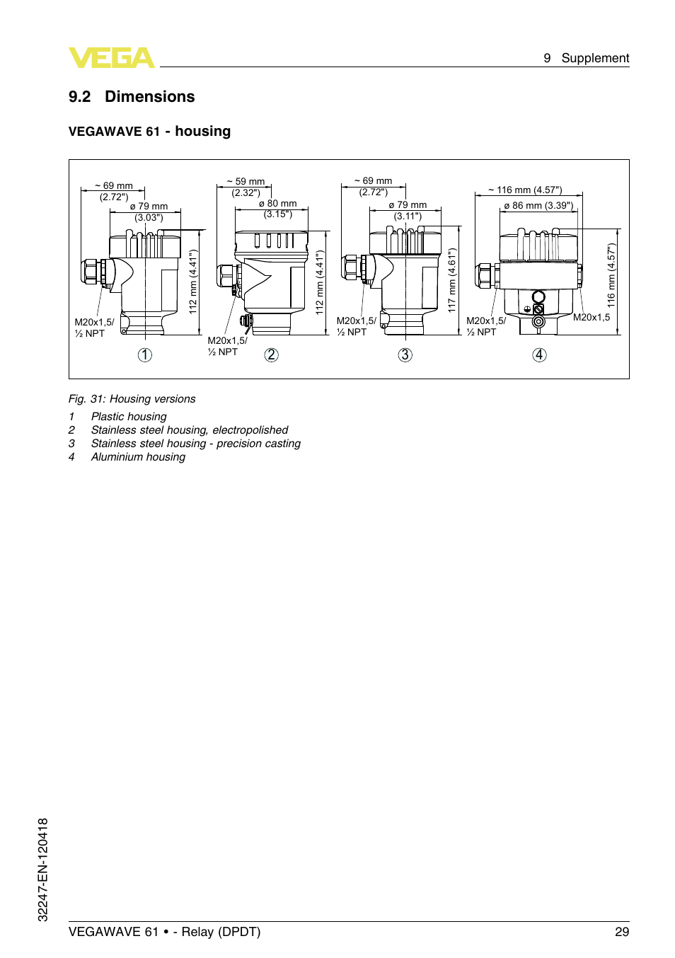 2 dimensions, Housing 3 2 1 4, Vegawave 61 | VEGA VEGAWAVE 61 - Relay (DPDT) User Manual | Page 29 / 36