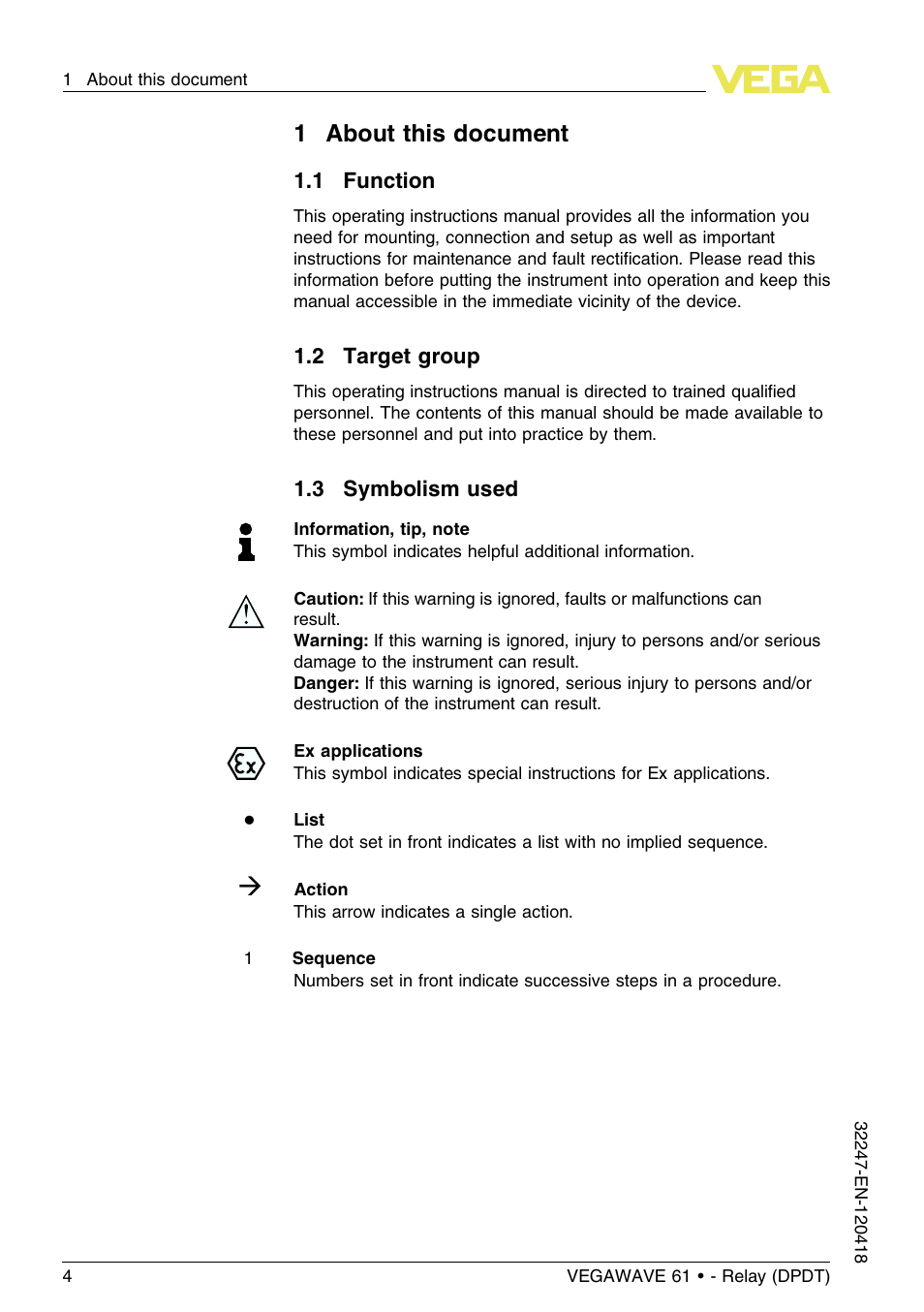 1 about this document, 1 function, 2 target group | 3 symbolism used, 1about this document | VEGA VEGAWAVE 61 - Relay (DPDT) User Manual | Page 4 / 36