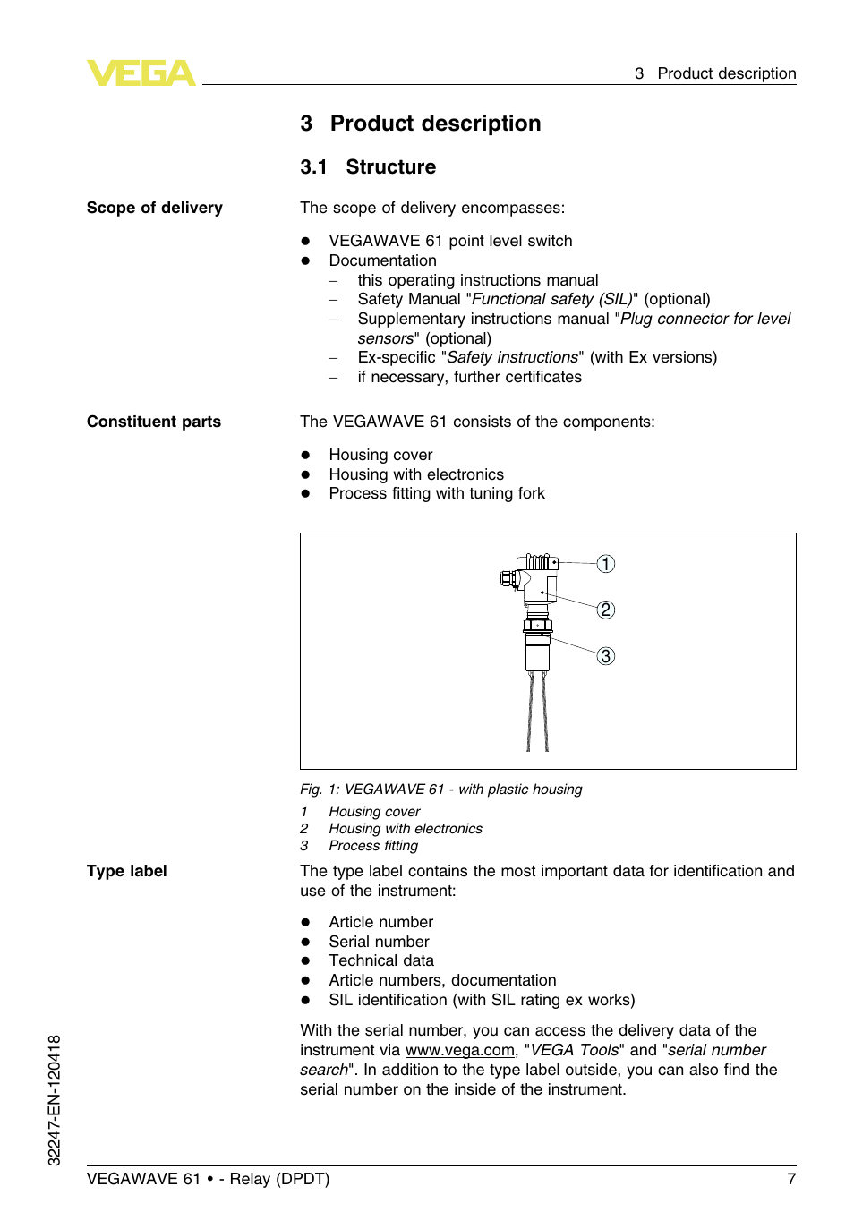 3 product description, 1 structure, 3product description | VEGA VEGAWAVE 61 - Relay (DPDT) User Manual | Page 7 / 36