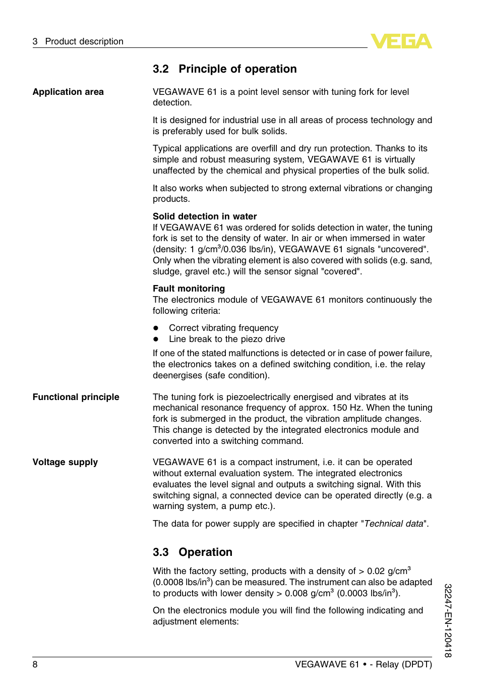 2 principle of operation, 3 operation | VEGA VEGAWAVE 61 - Relay (DPDT) User Manual | Page 8 / 36