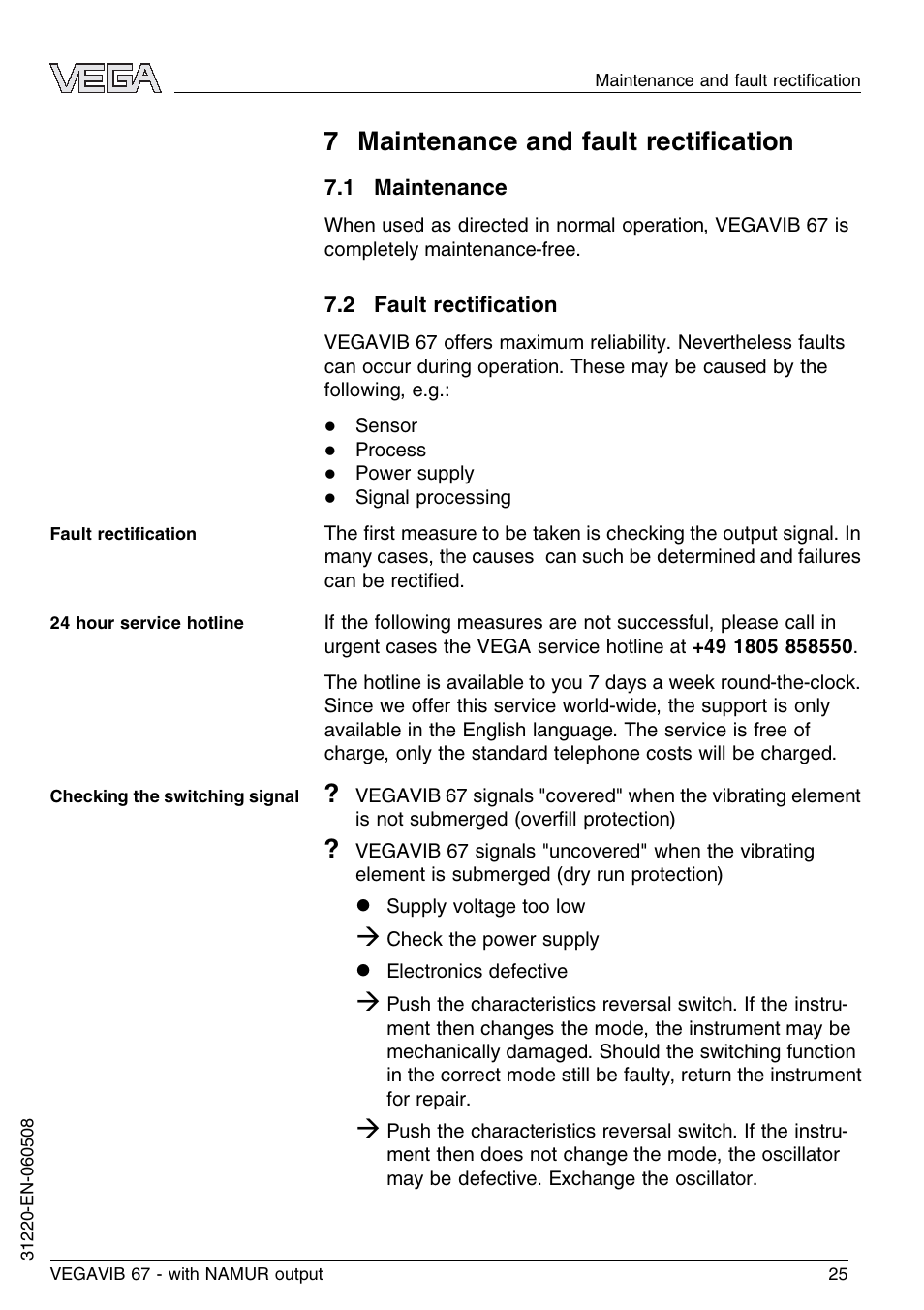 7 maintenance and fault rectification, 1 maintenance, 2 fault rectification | 7 maintenance and fault rectiﬁcation | VEGA VEGAVIB 67 - NAMUR User Manual | Page 25 / 40