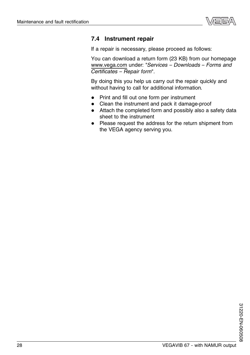 4 instrument repair | VEGA VEGAVIB 67 - NAMUR User Manual | Page 28 / 40