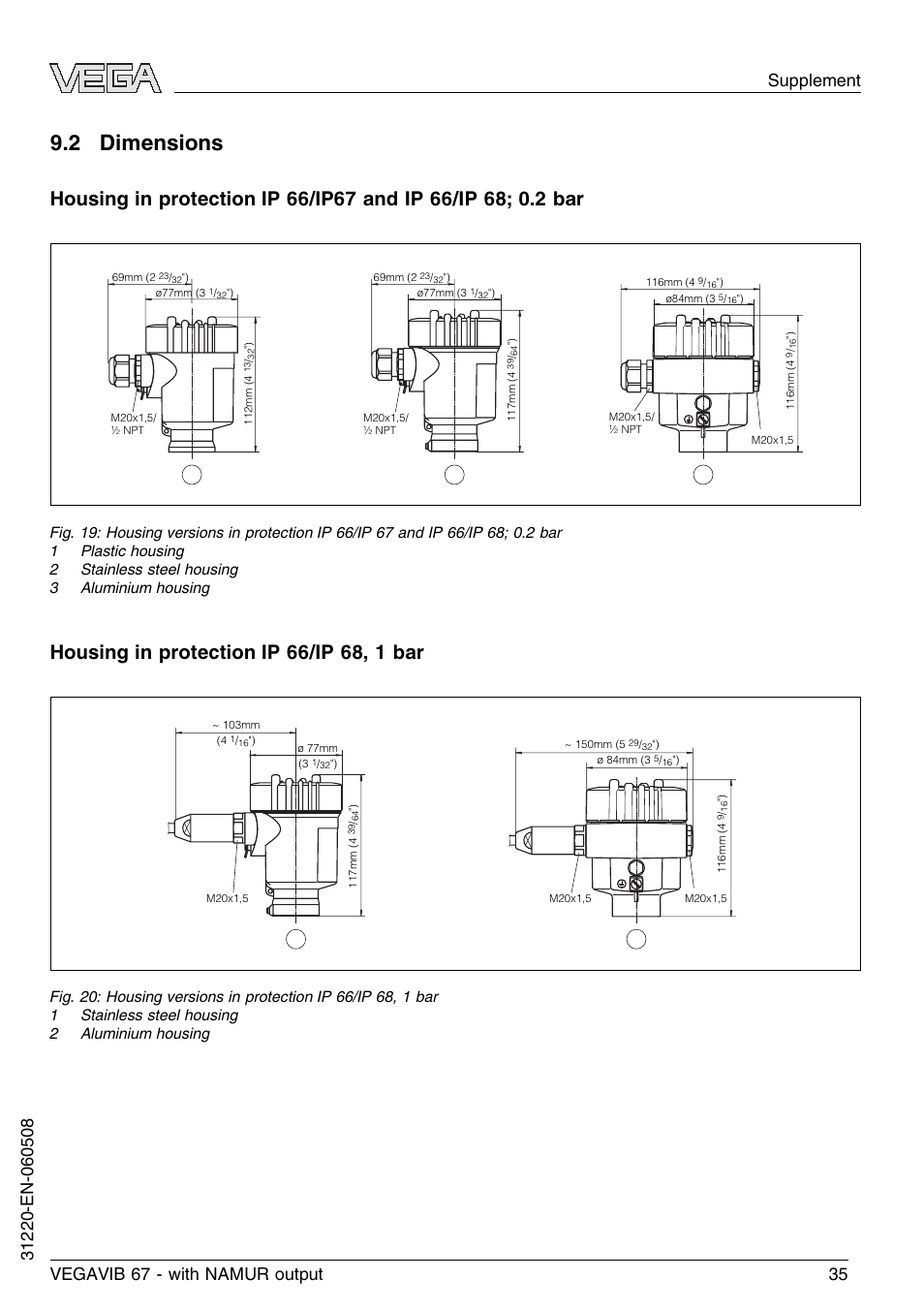 2 dimensions | VEGA VEGAVIB 67 - NAMUR User Manual | Page 35 / 40