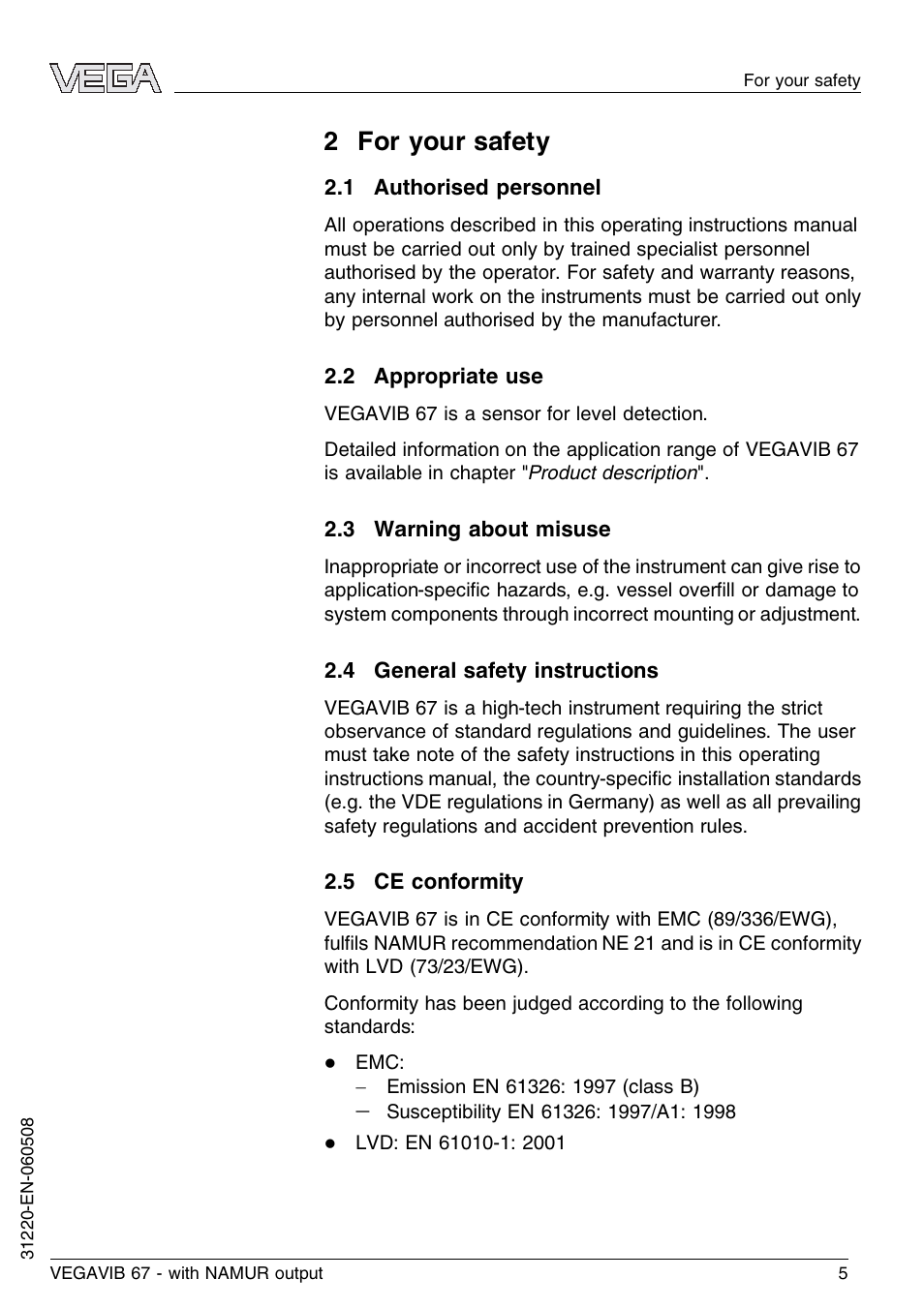 2 for your safety, 1 authorised personnel, 2 appropriate use | 3 warning about misuse, 4 general safety instructions, 5 ce conformity | VEGA VEGAVIB 67 - NAMUR User Manual | Page 5 / 40