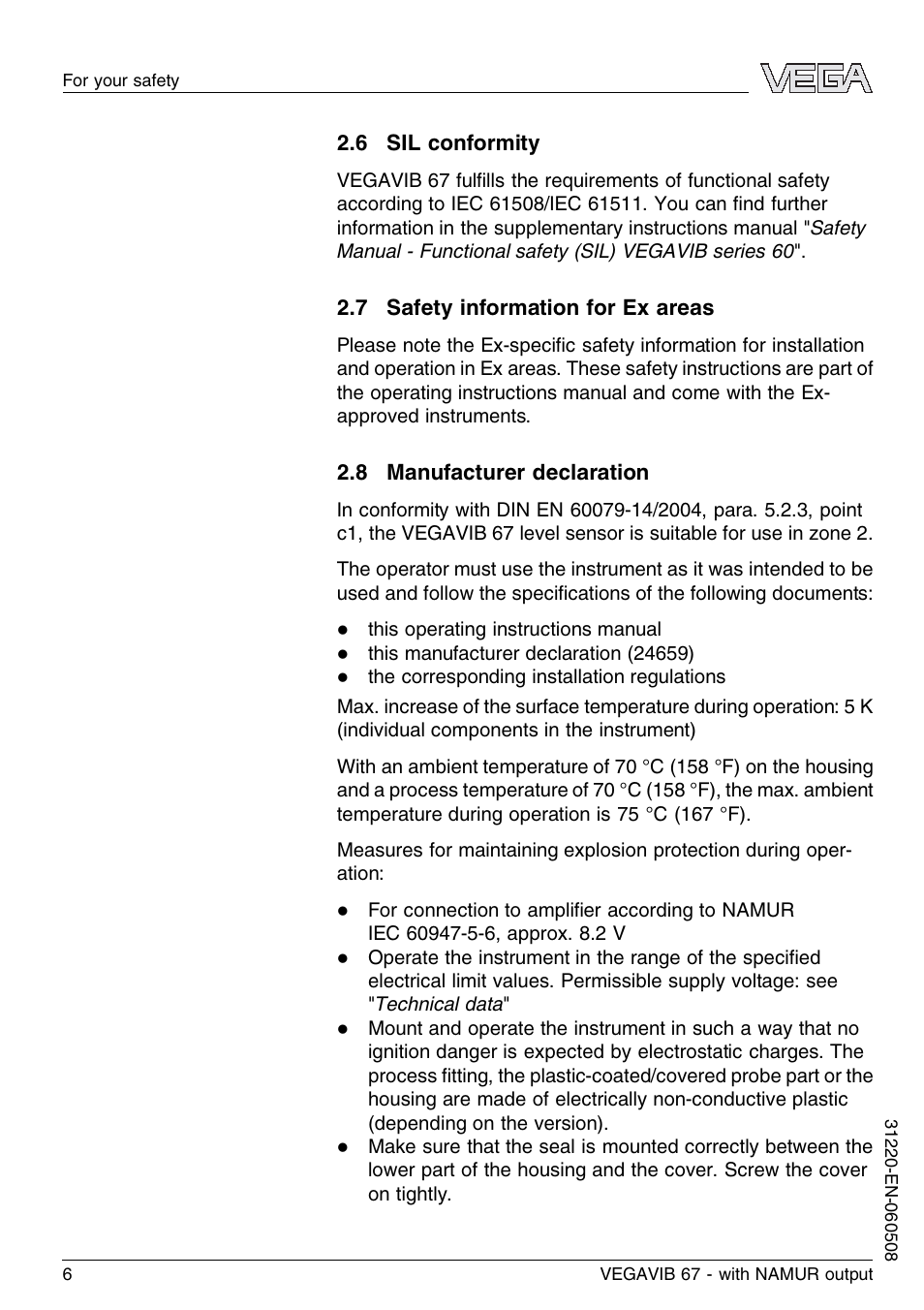 6 sil conformity, 7 safety information for ex areas, 8 manufacturer declaration | VEGA VEGAVIB 67 - NAMUR User Manual | Page 6 / 40