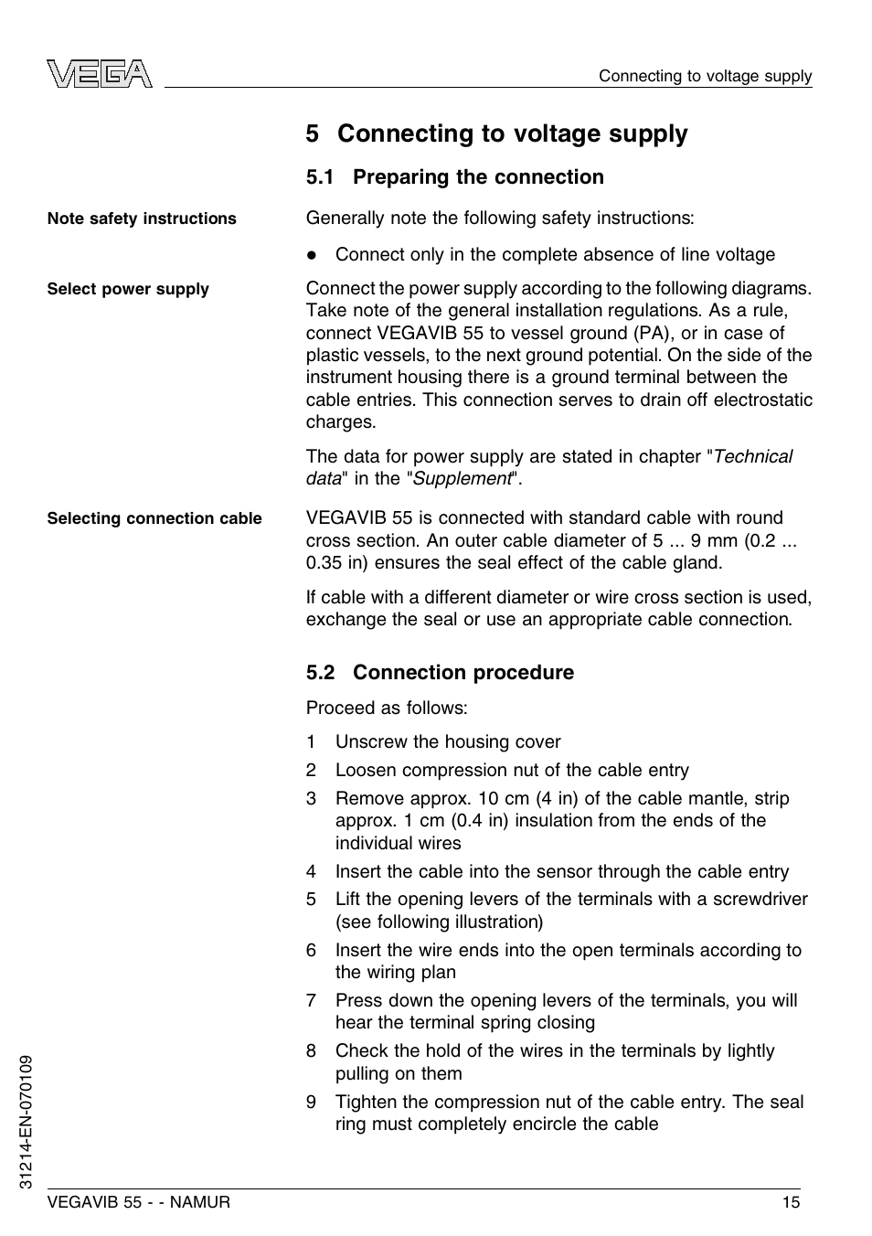 5 connecting to voltage supply, 1 preparing the connection, 2 connection procedure | VEGA VEGAVIB 55 - NAMUR User Manual | Page 15 / 32