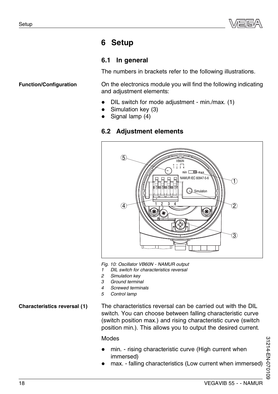 6 setup, 1 in general, 2 adjustment elements | VEGA VEGAVIB 55 - NAMUR User Manual | Page 18 / 32