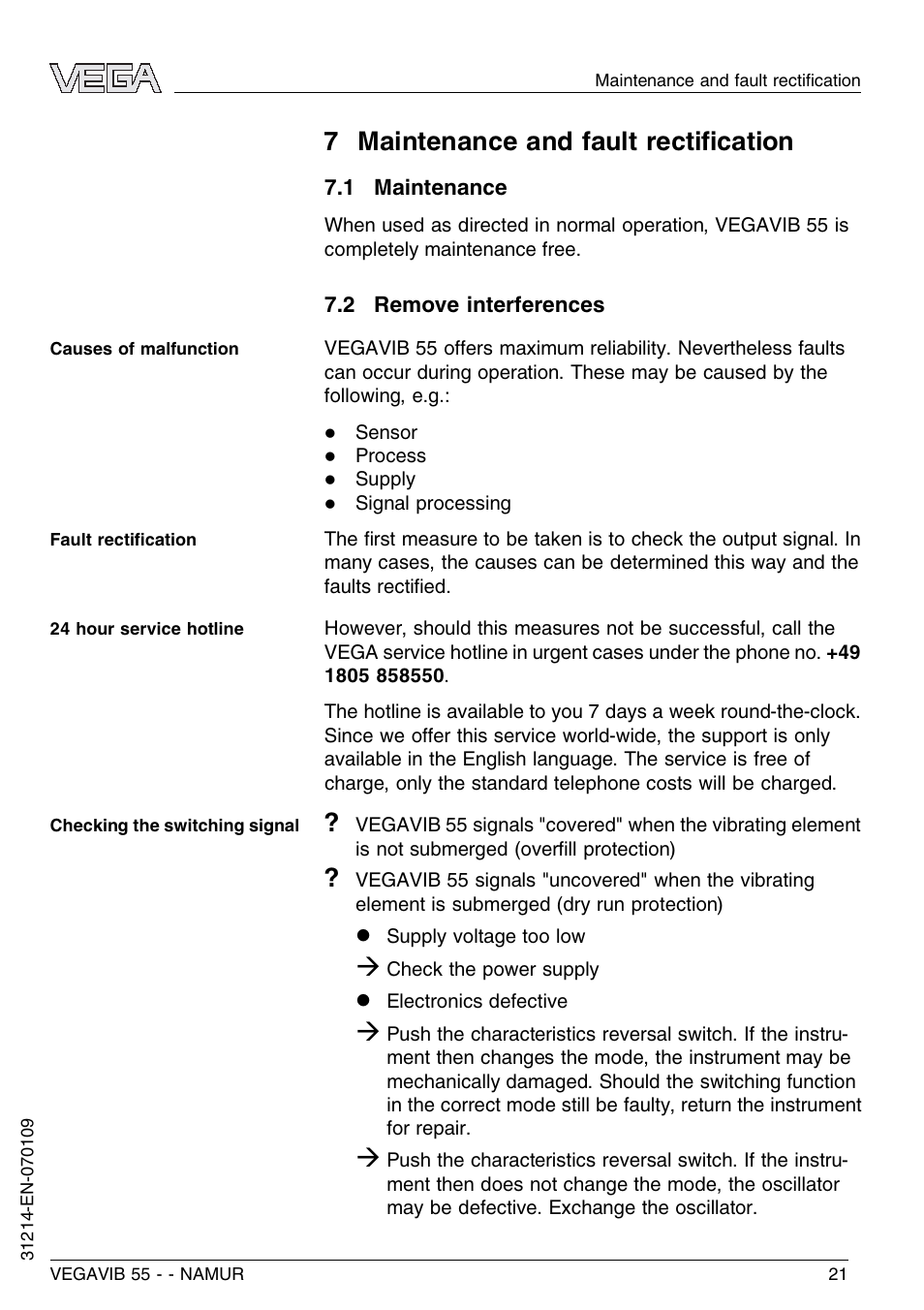 7 maintenance and fault rectification, 1 maintenance, 2 remove interferences | 7 maintenance and fault rectiﬁcation | VEGA VEGAVIB 55 - NAMUR User Manual | Page 21 / 32