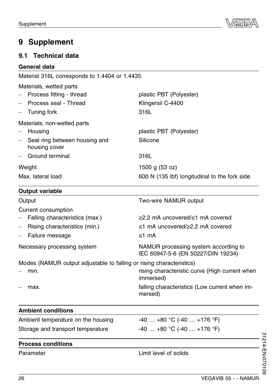 9 supplement, 1 technical data | VEGA VEGAVIB 55 - NAMUR User Manual | Page 26 / 32